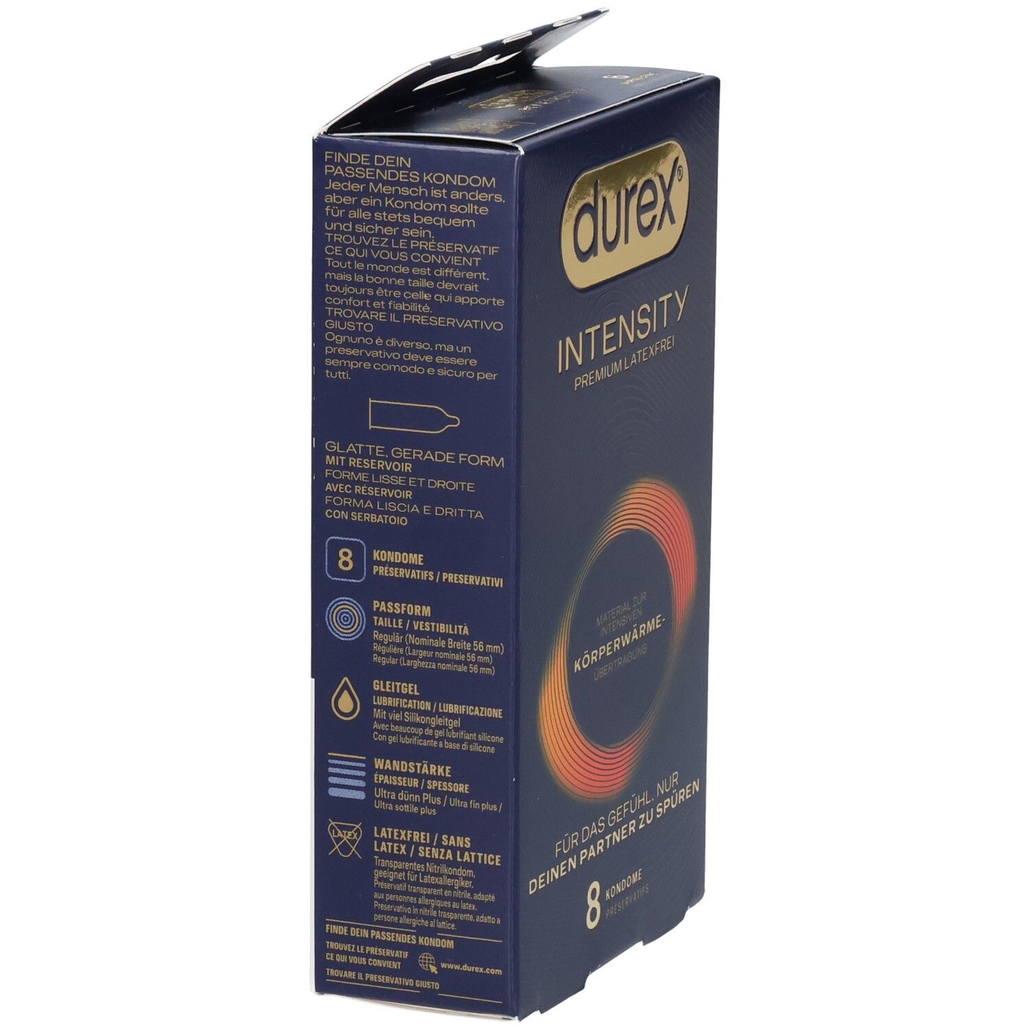 Rückseite einer Durex Intensity Kondompackung mit Produktinformationen.