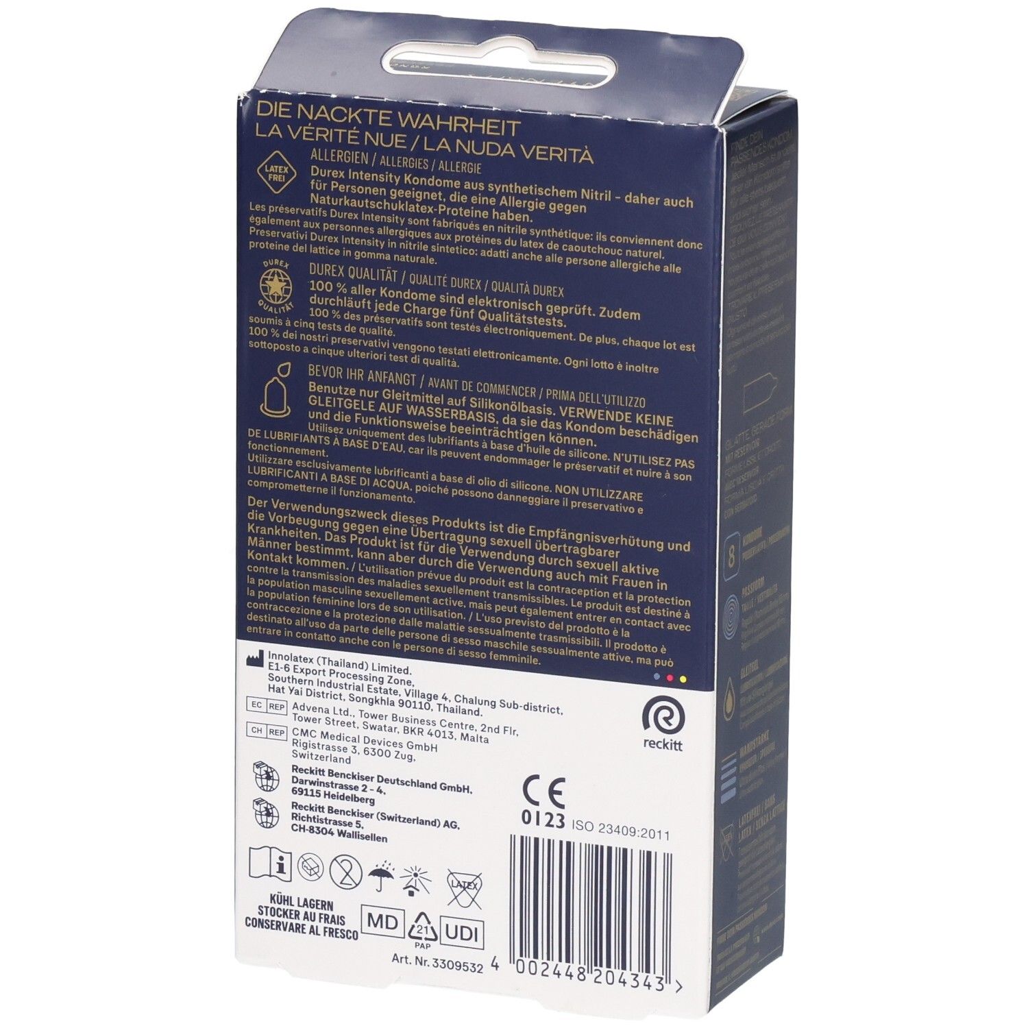 Rückseite einer Durex Intensity Kondompackung mit Details und Zertifizierungen.