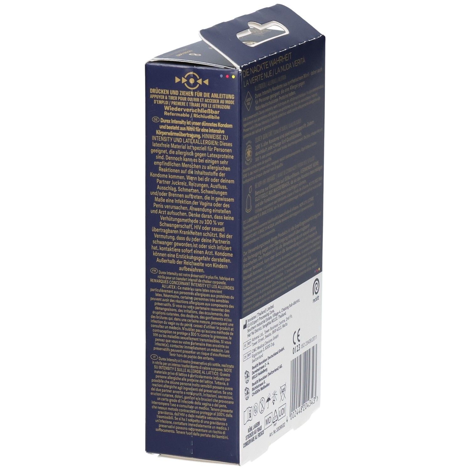 Seite einer Durex Intensity Kondompackung mit Produktmerkmalen.