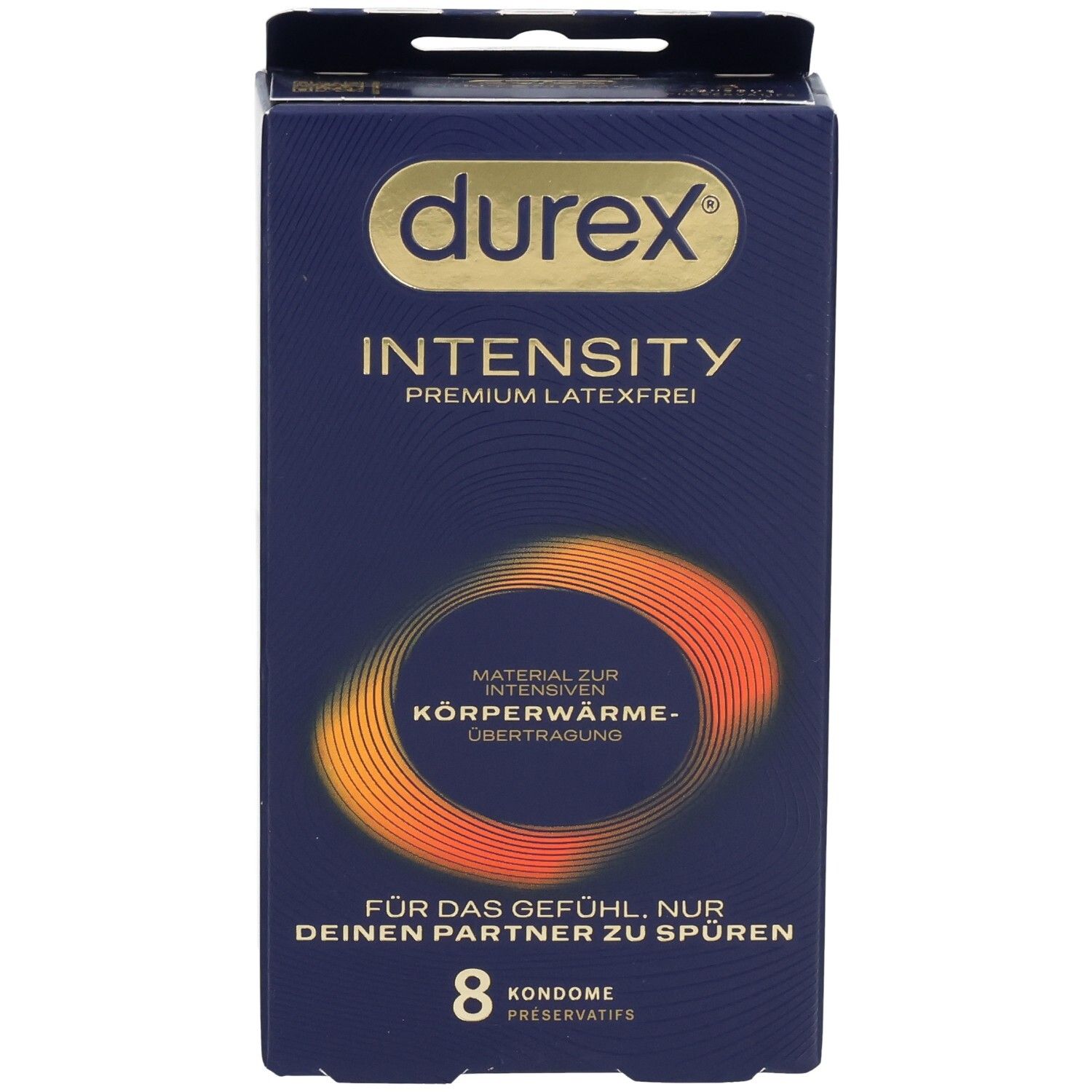 Durex Intensity Kondompackung, 8 Stück, latexfrei, mit Wärmeübertragungs-Symbol.