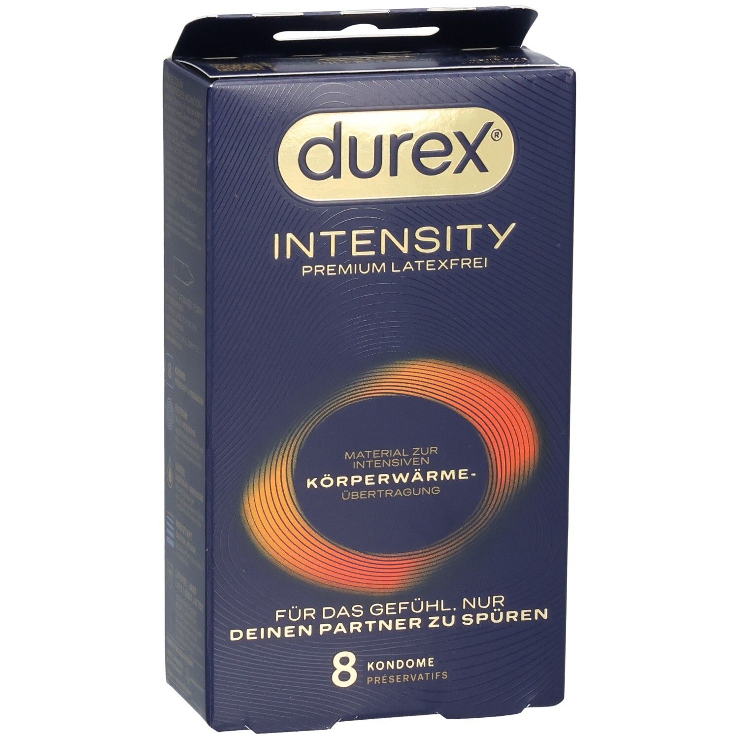 Durex Intensity Kondompackung, 8 Stück, latexfrei, mit Wärmeübertragungs-Symbol.