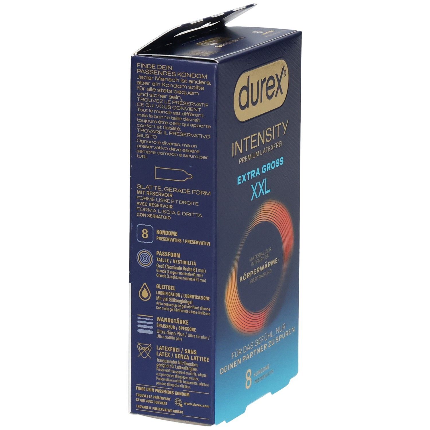 Rückseite einer Durex Intensity XXL Kondompackung mit Produktinformationen.