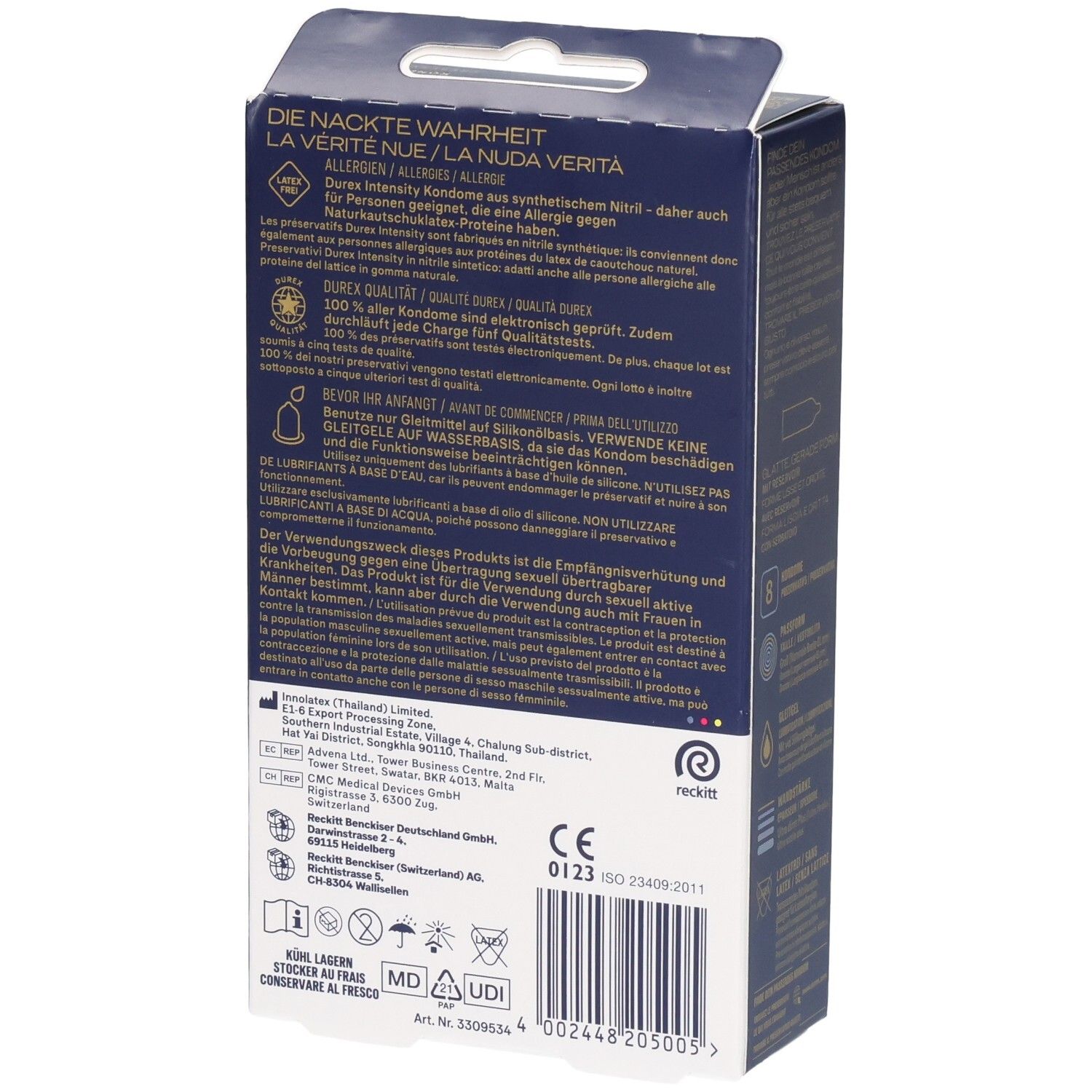 Seitenansicht einer Durex Intensity XXL Kondompackung mit detaillierten Informationen.