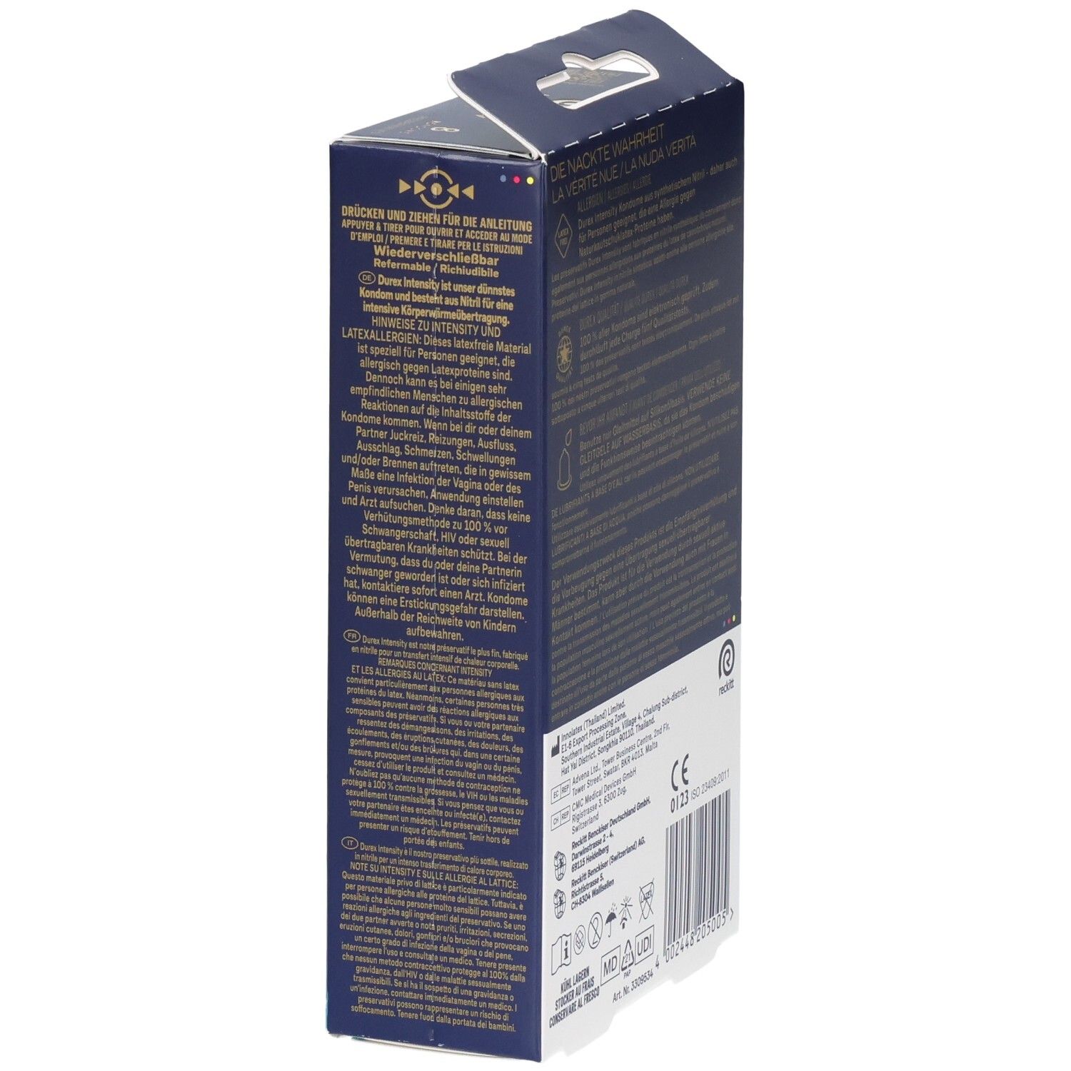 Seitenansicht einer Durex Intensity XXL Kondompackung mit Produktinformationen.