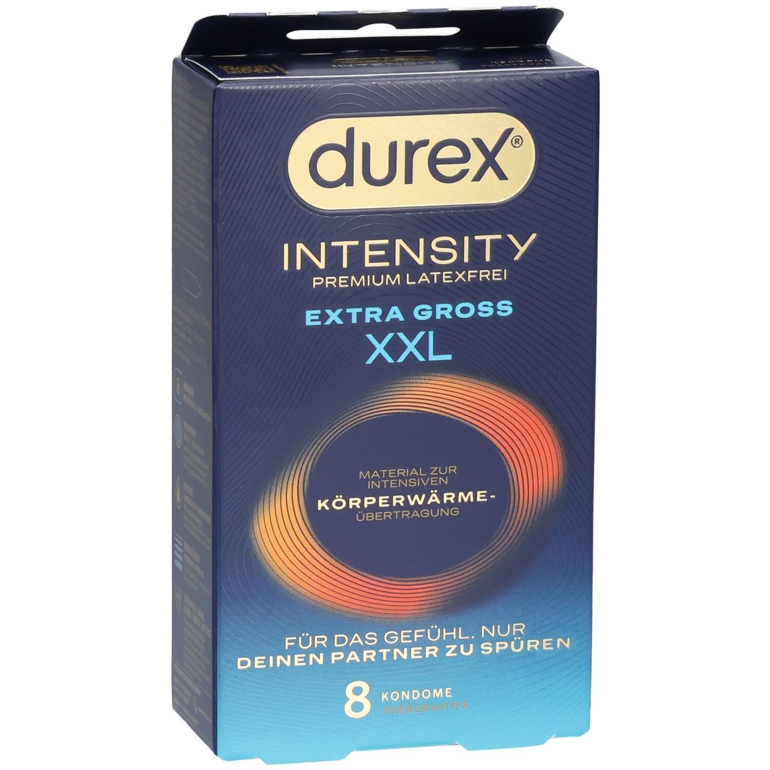Durex Intensity XXL Kondompackung, 8 Stück, latexfrei, extra groß.