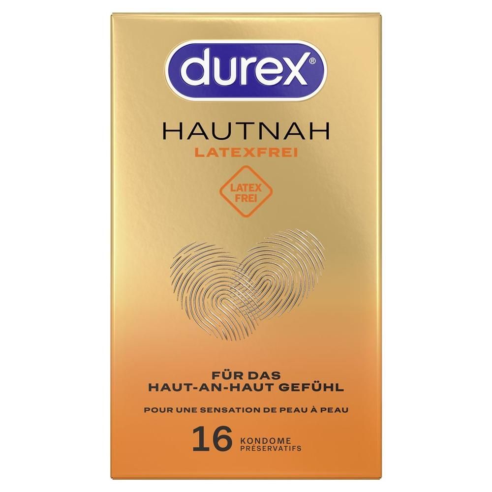 Durex Hautnah latexfreie Kondome, 16 Stück Packung mit Fingerabdruck-Herz-Design.
