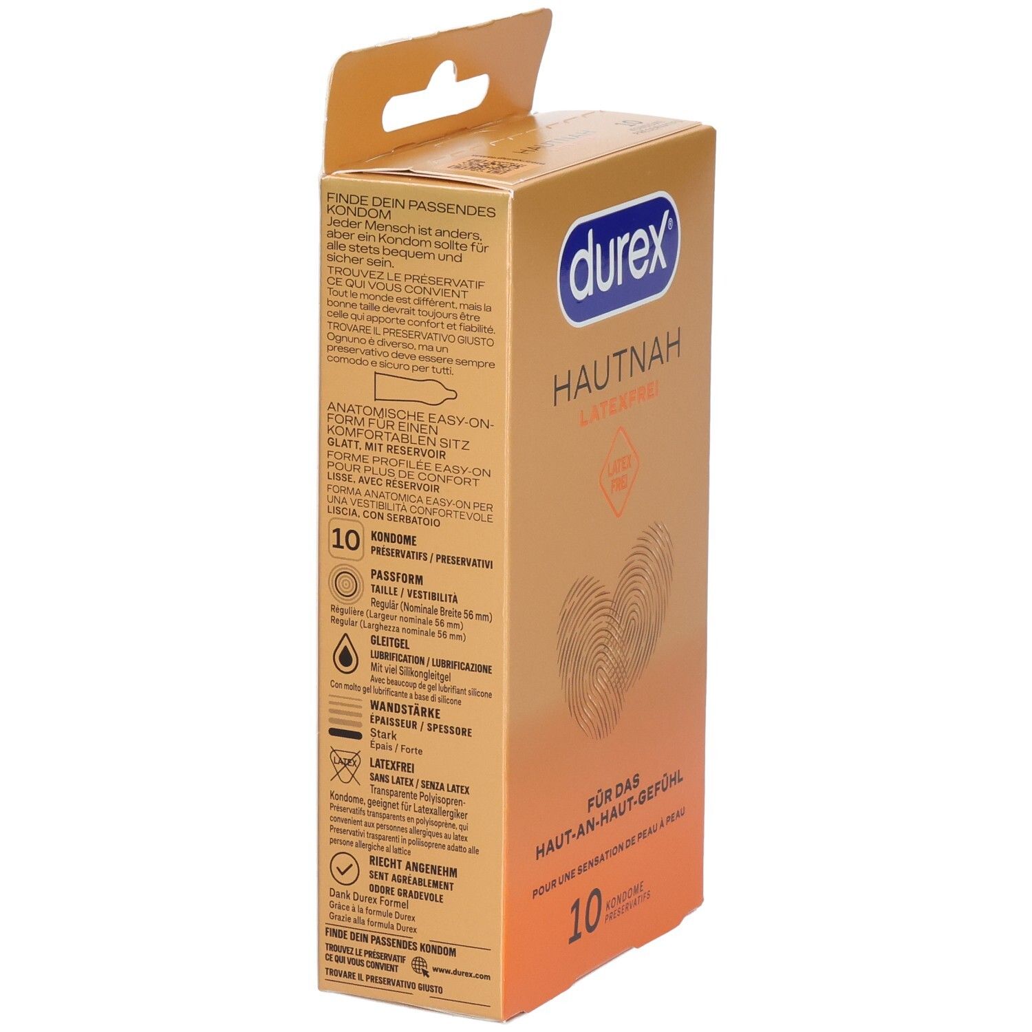 Rückseite der Durex Hautnah latexfreien Kondompackung mit 10 Stück, zeigt Produktinformationen.