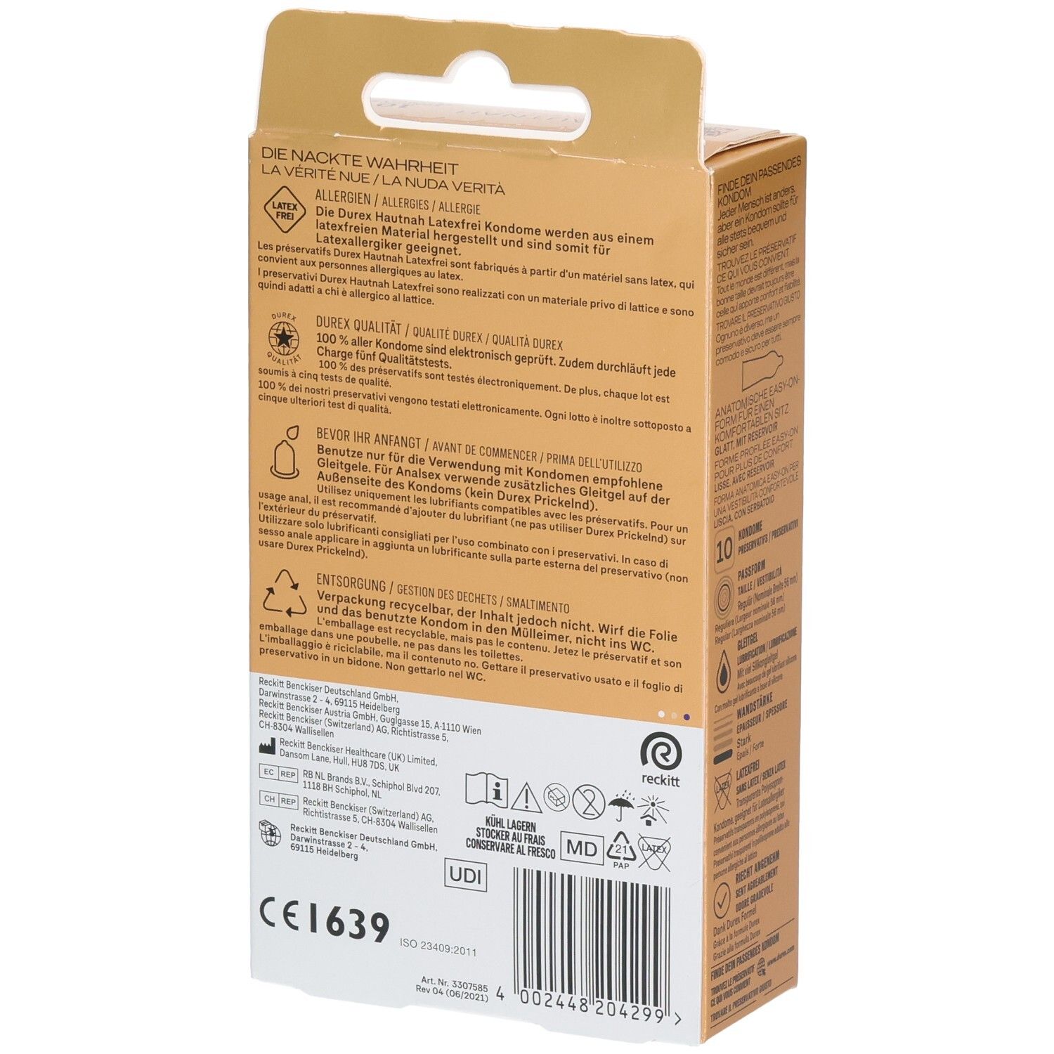 Seitenansicht der Durex Hautnah latexfreien Kondompackung, CE-Kennzeichnung und Barcode sichtbar.