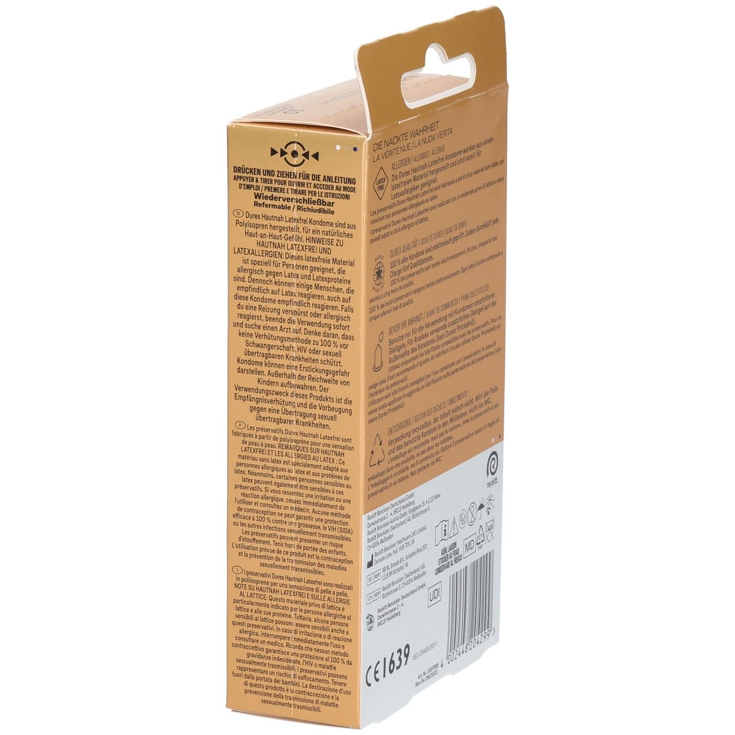 Seitenansicht der Durex Hautnah latexfreien Kondompackung mit detaillierten Anwendungshinweisen.