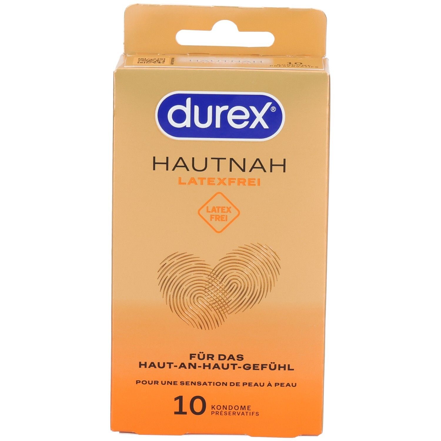 Vorderseite der Durex Hautnah latexfreien Kondompackung, 10 Stück, mit Fingerabdruck-Herz-Design.