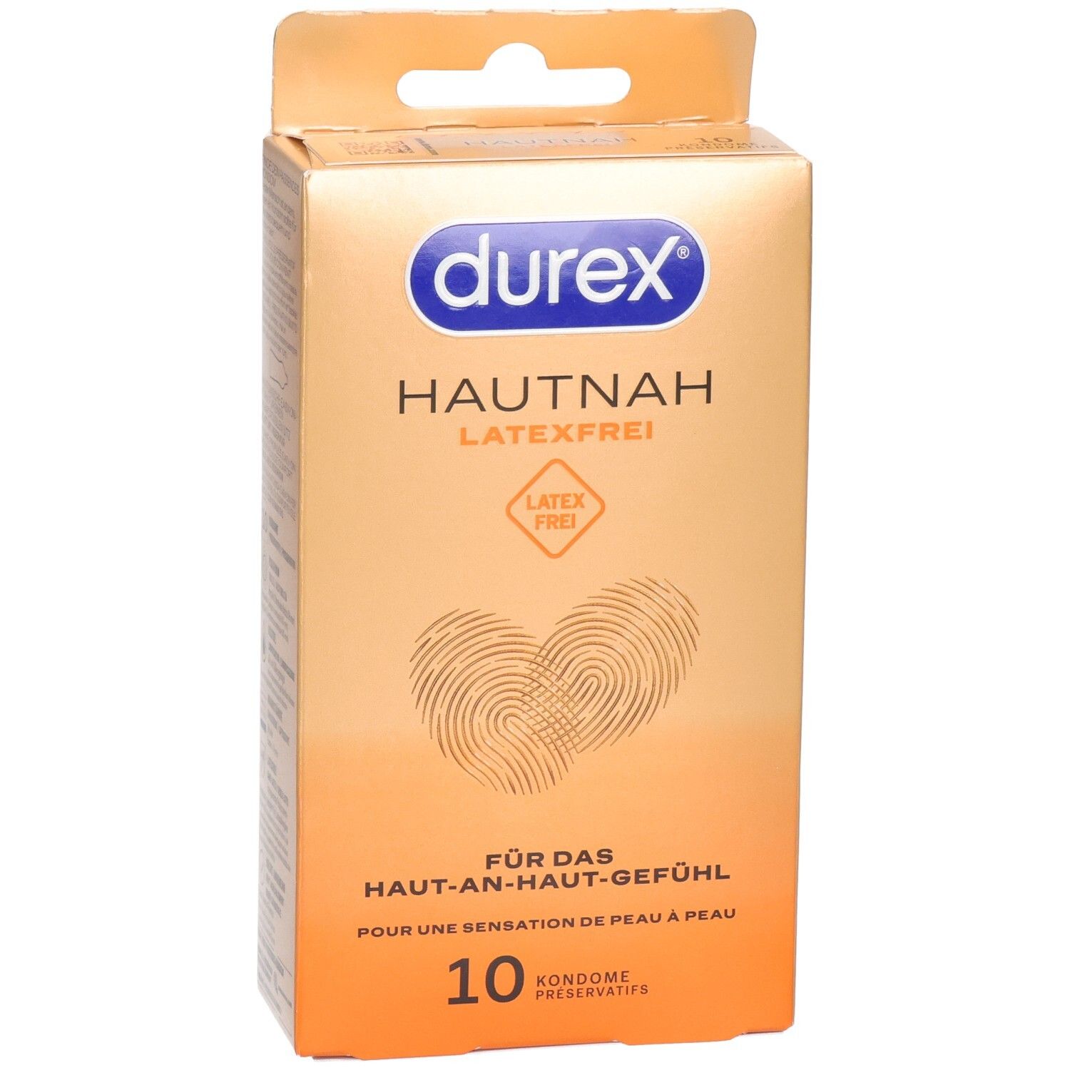 Durex Hautnah latexfreie Kondome, 10 Stück Packung mit Fingerabdruck-Herz-Design.