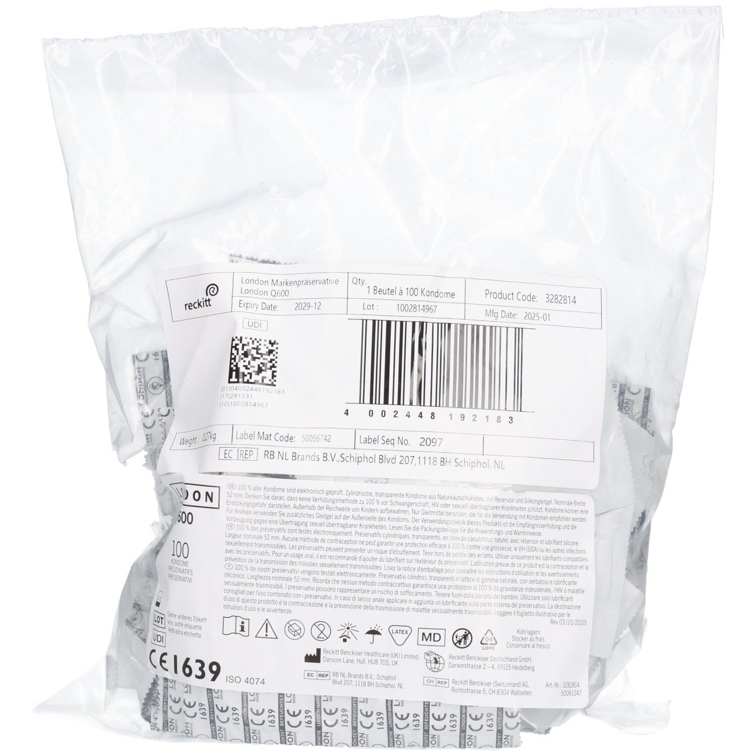 Verpackung mit 100 einzeln verpackten, befeuchteten Kondomen.