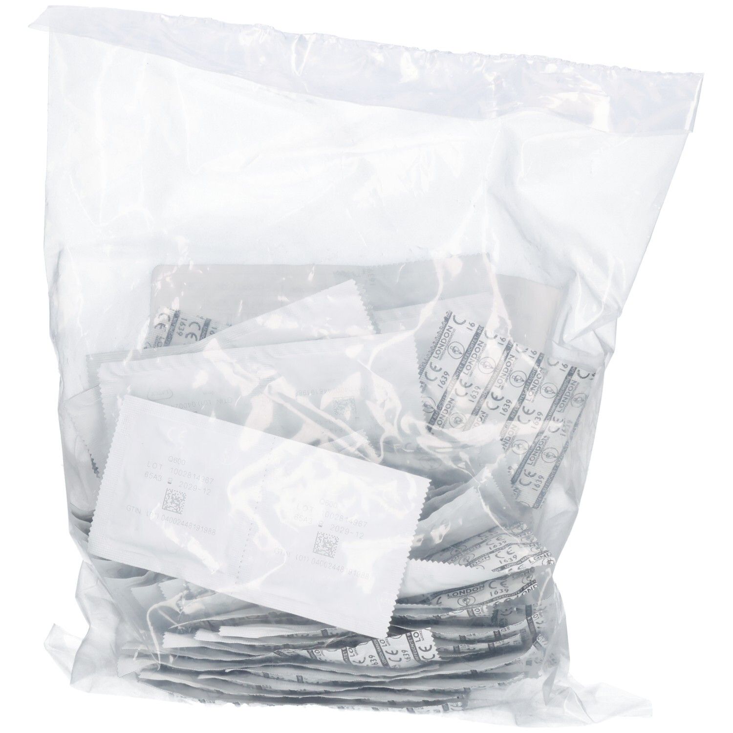 Großpackung mit vielen einzeln verpackten, befeuchteten Kondomen.