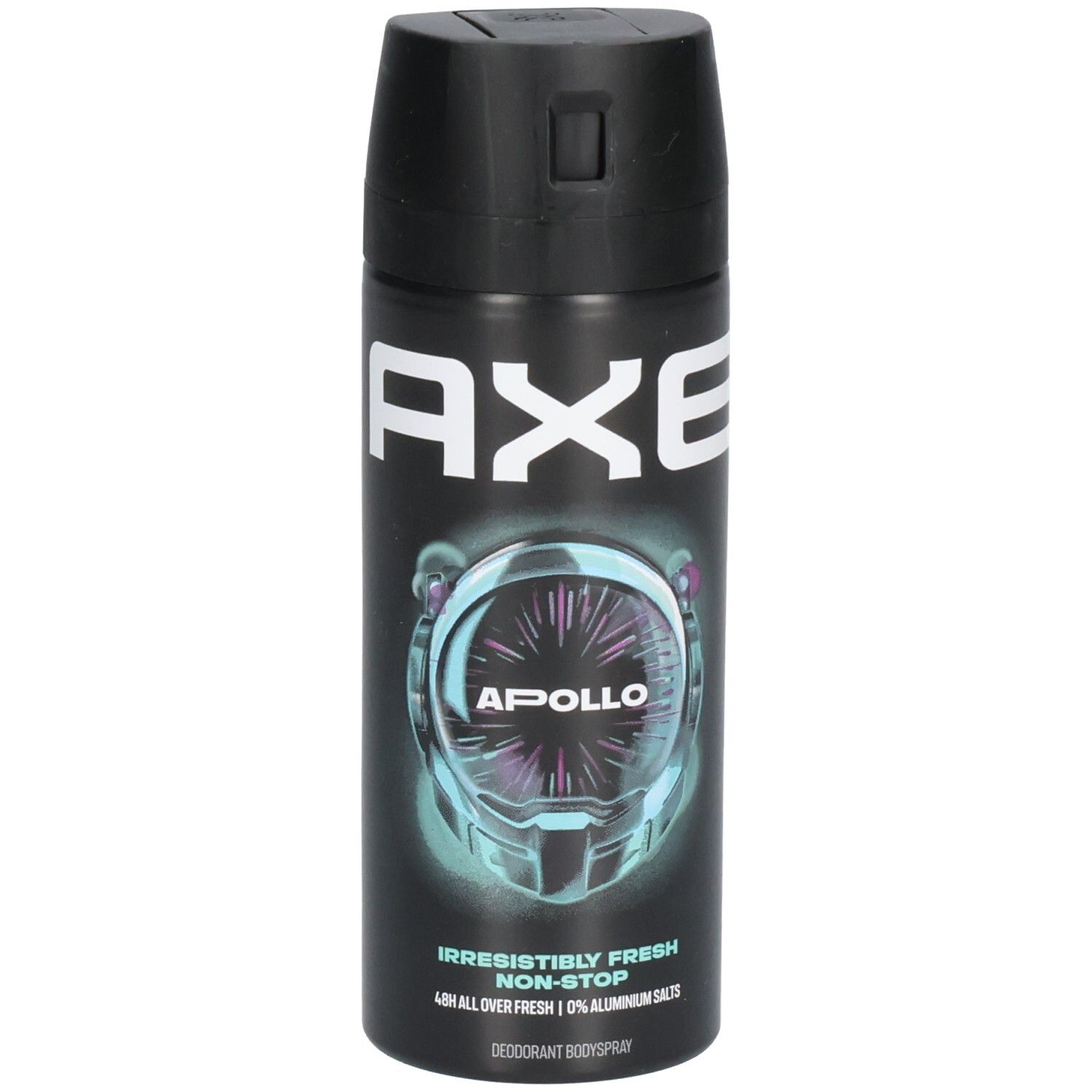 Schwarze Deospray-Dose mit weißem AXE-Logo und Apollo-Design. Text: Irresistibly Fresh Non-Stop, 0% Aluminiumsalze.