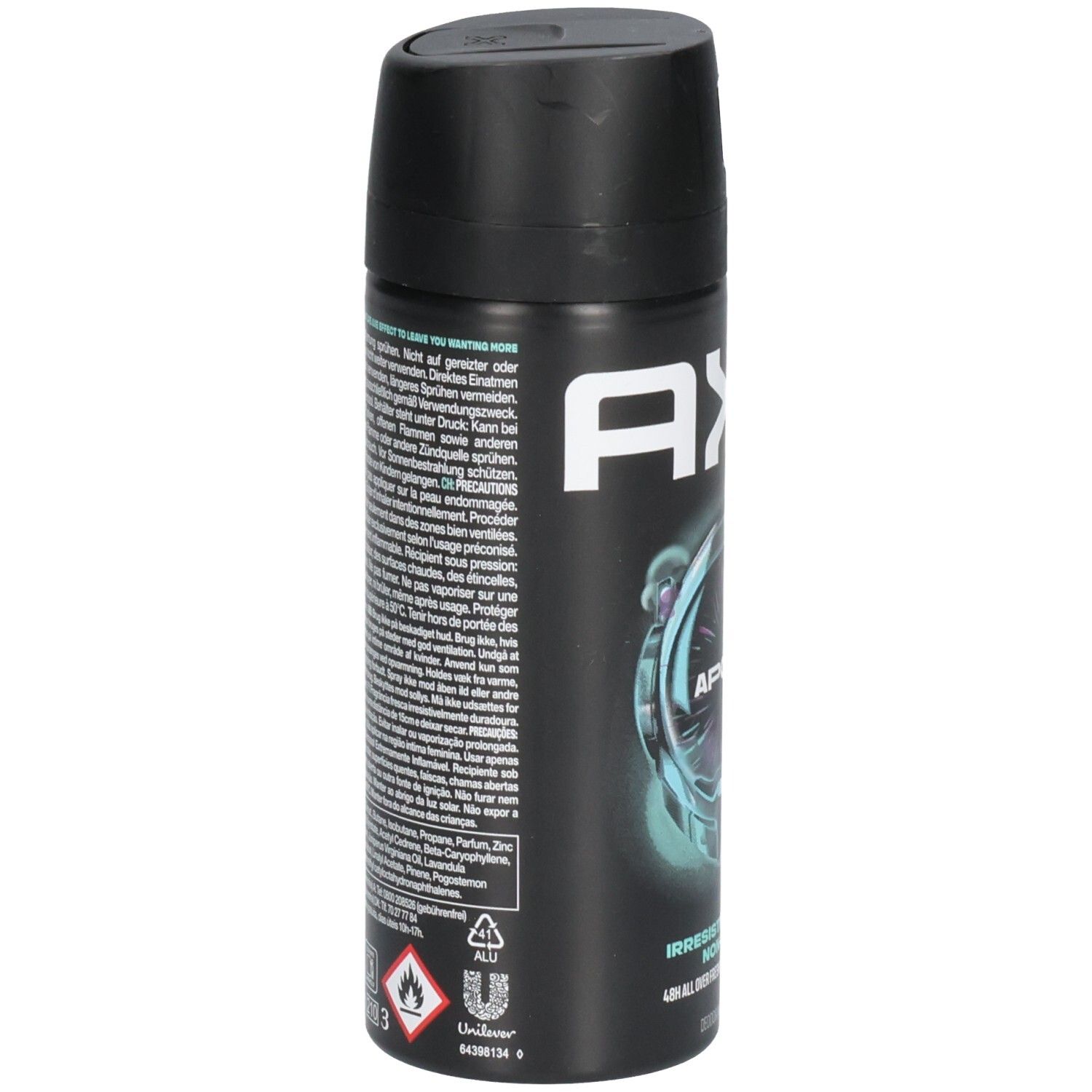 Deospray-Dose, schwarz, mit Text. Rückseite mit Text und Warnhinweisen. Unilever-Logo und Recycling-Symbol.