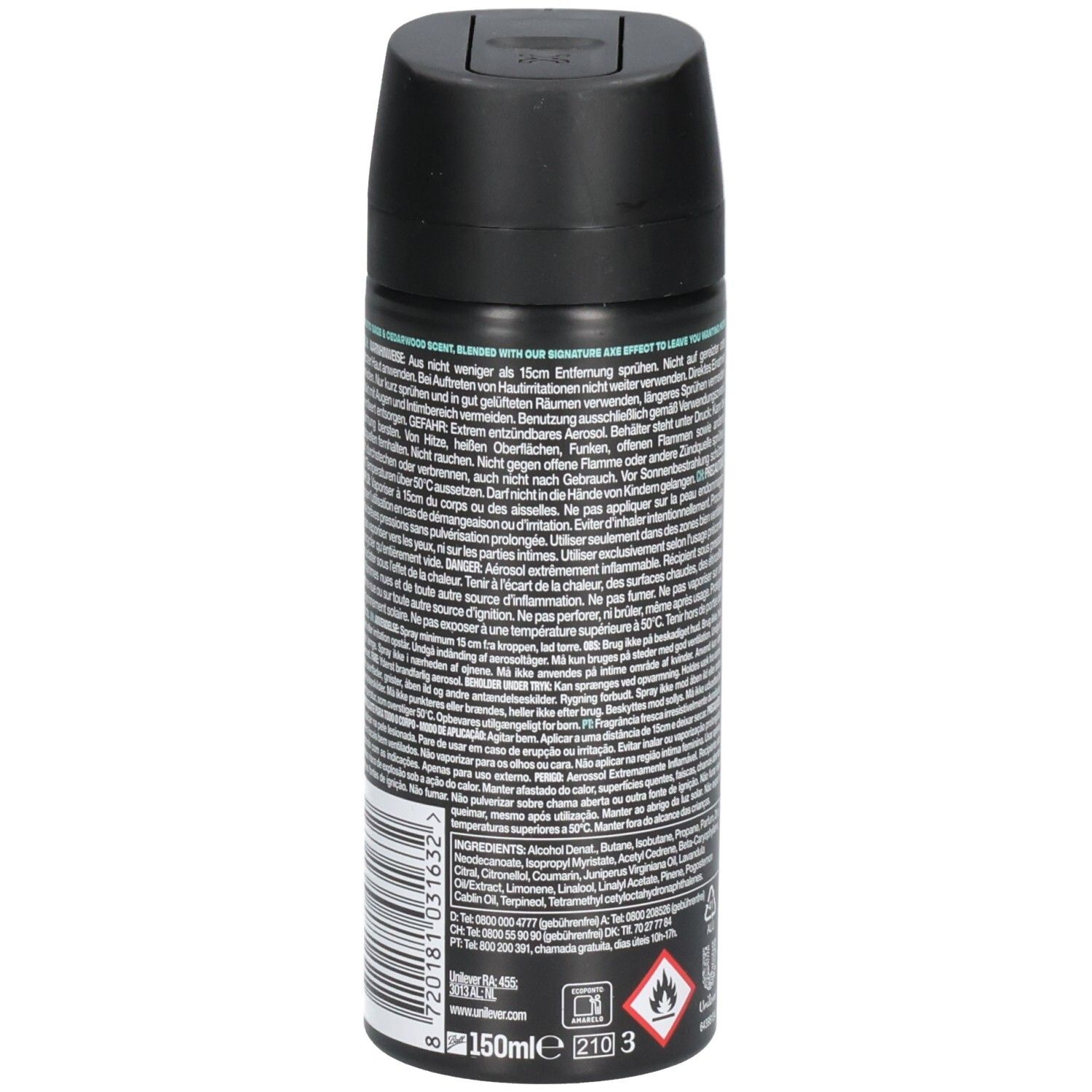Deospray-Dose, schwarz, mit Text und Barcode. Text: 150ml, 210 3. Warnhinweise und Flammen-Symbol.