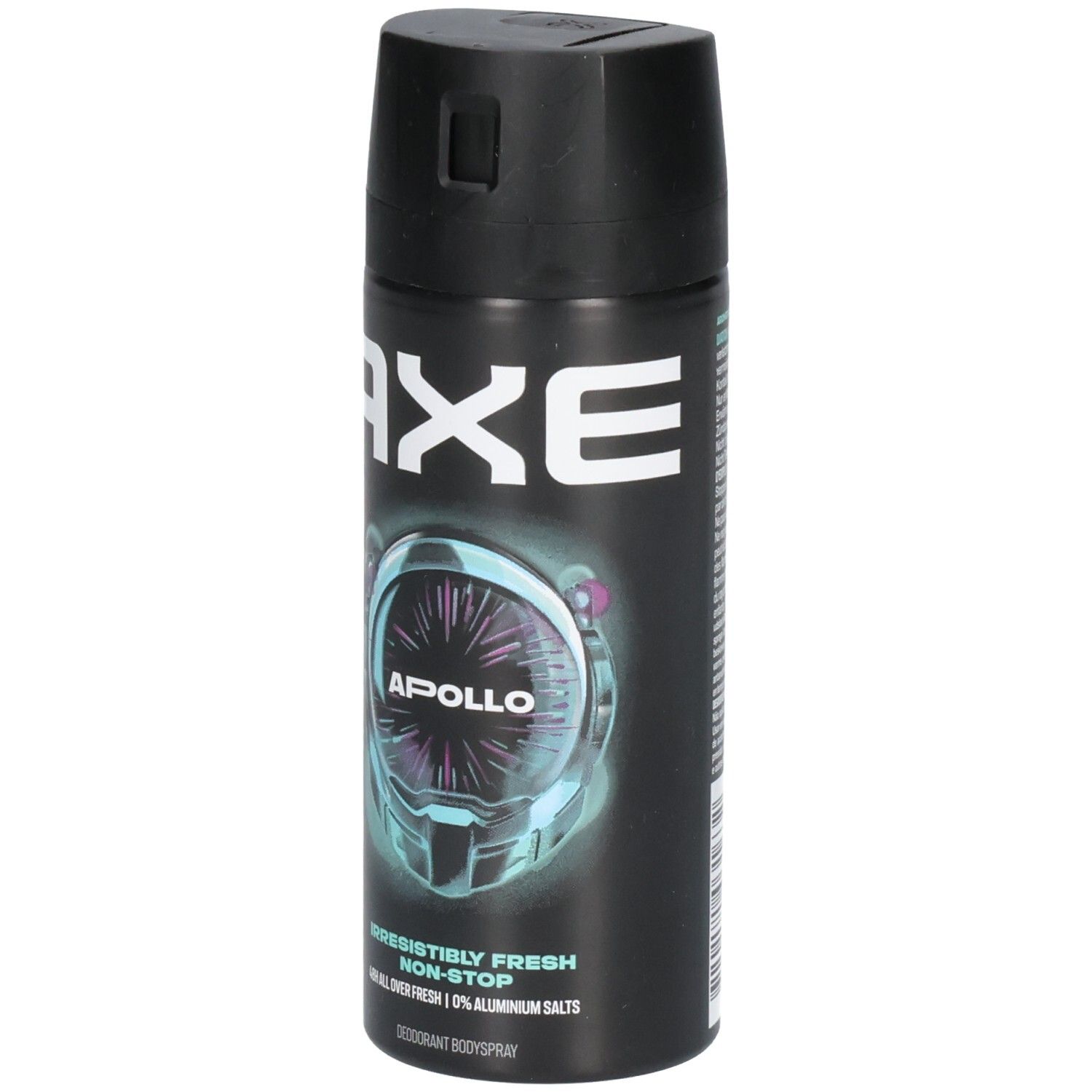 Schwarze Deospray-Dose mit weißem AXE-Logo und Apollo-Design. Text: Irresistibly Fresh Non-Stop, 0% Aluminiumsalze.