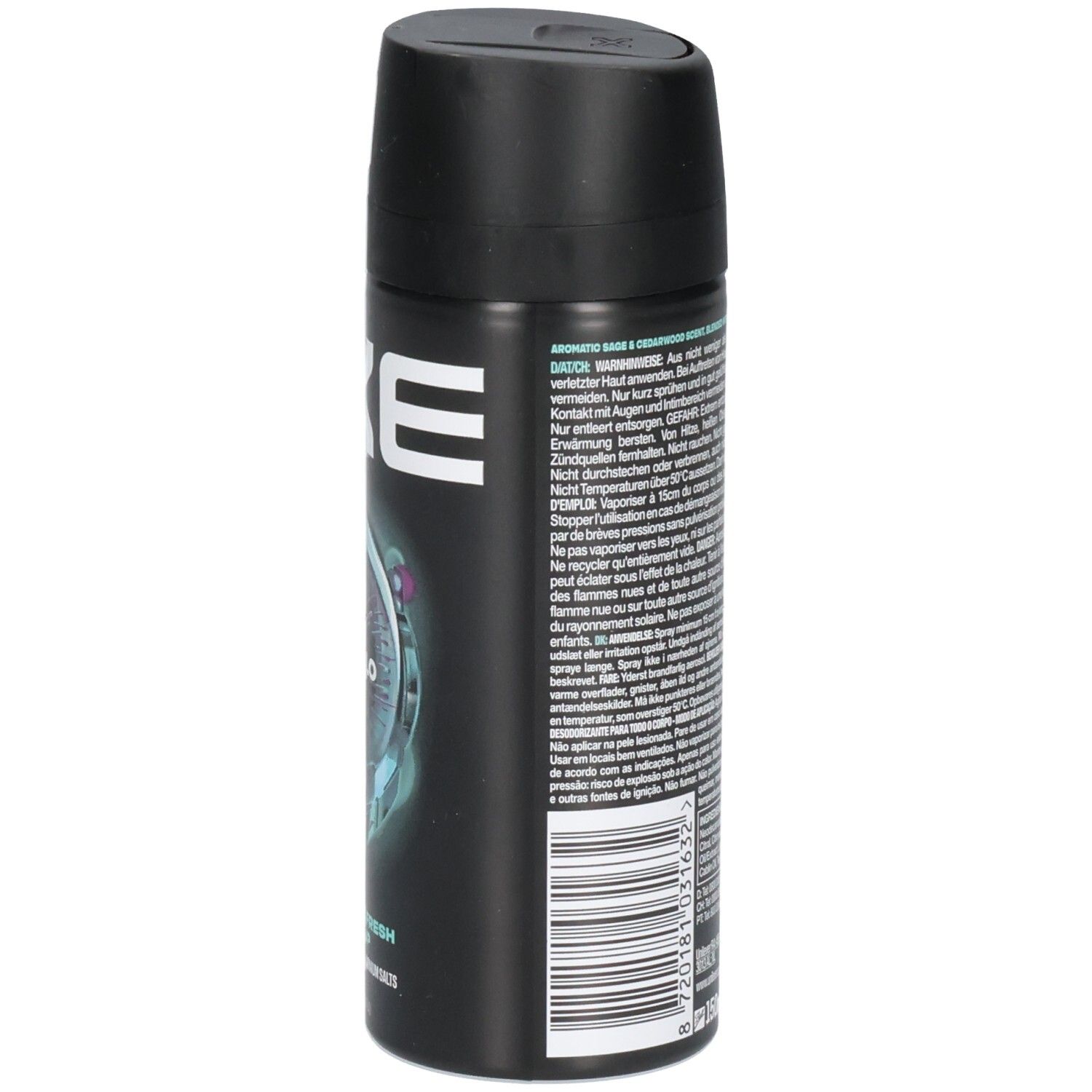 Deospray-Dose, schwarz, mit Text. Rückseite mit Text und Barcode. Apollo-Design sichtbar.