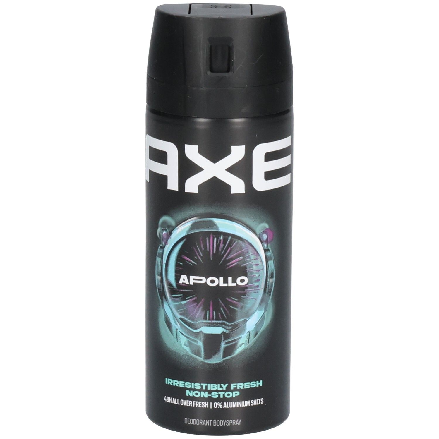 Schwarze Deospray-Dose mit weißem AXE-Logo und Apollo-Design. Text: Irresistibly Fresh Non-Stop, 0% Aluminiumsalze.