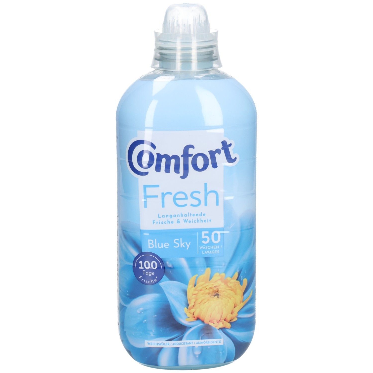 Hellblaue Flasche mit Comfort-Logo und "Fresh". "Blue Sky" und 50 Waschgänge. Abbildung einer Blume.