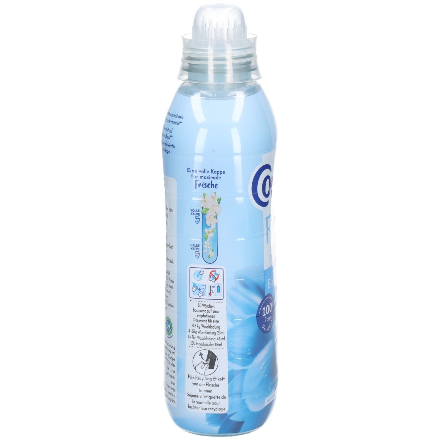 Rückseite der hellblauen Flasche. Textinformationen, Illustrationen und QR-Code. Flasche mit Schraubverschluss.