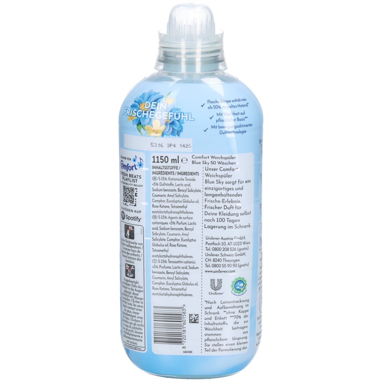 Rückseite der hellblauen Flasche. Textinformationen, Inhaltsstoffe, QR-Code und Logos. Flasche mit Schraubverschluss.