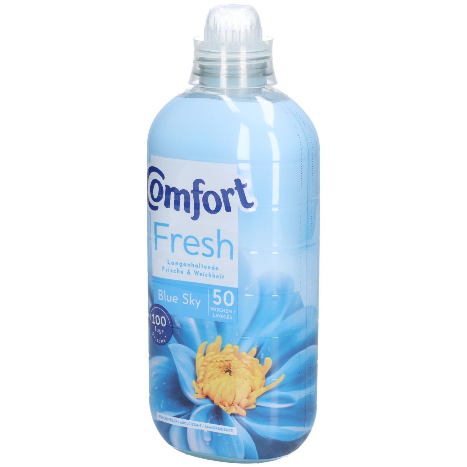 Hellblaue Flasche mit Comfort-Logo und "Fresh". "Blue Sky" und 50 Waschgänge. Abbildung einer Blume.