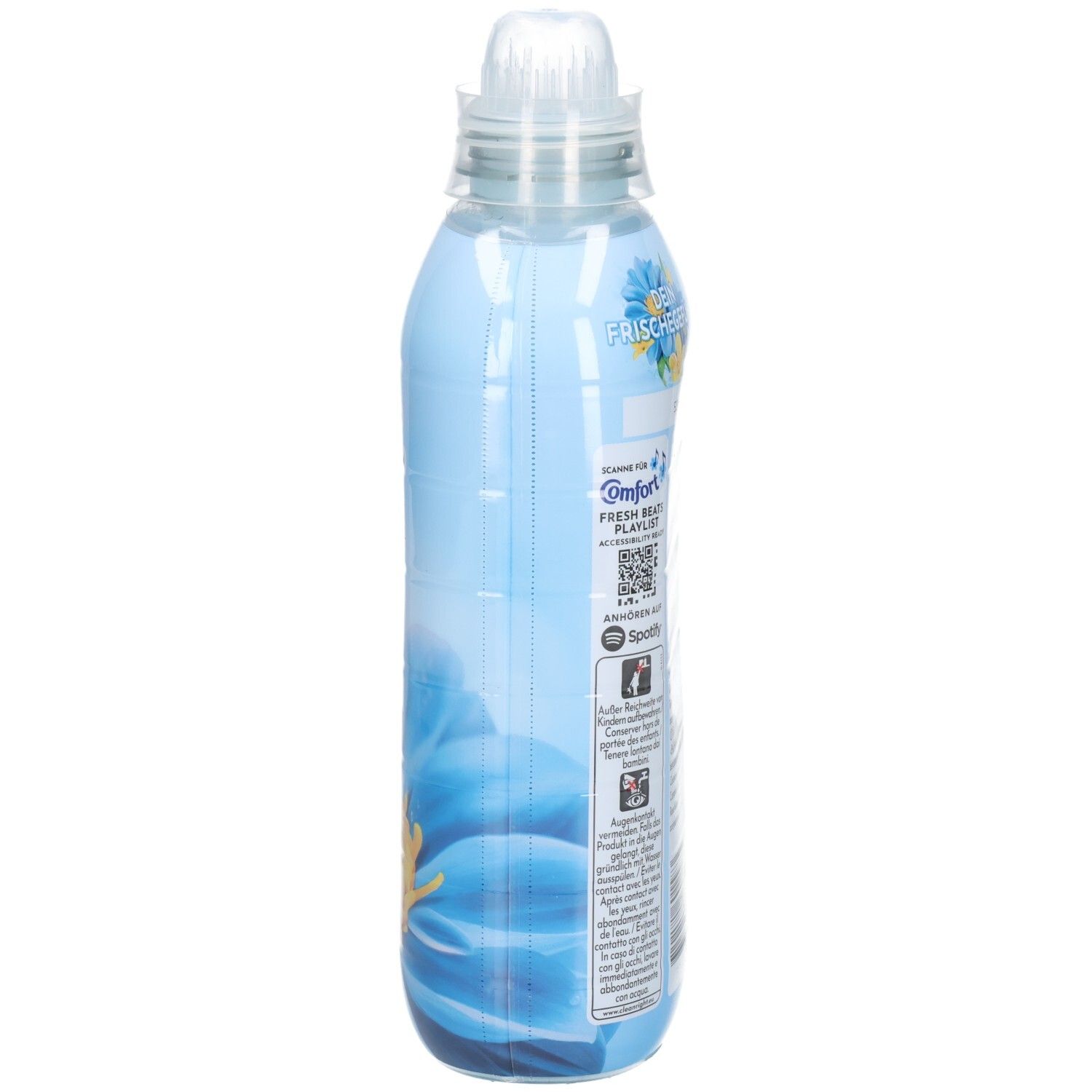 Seite der hellblauen Flasche. Textinformationen und QR-Code. Flasche mit Schraubverschluss. Blume im Hintergrund.