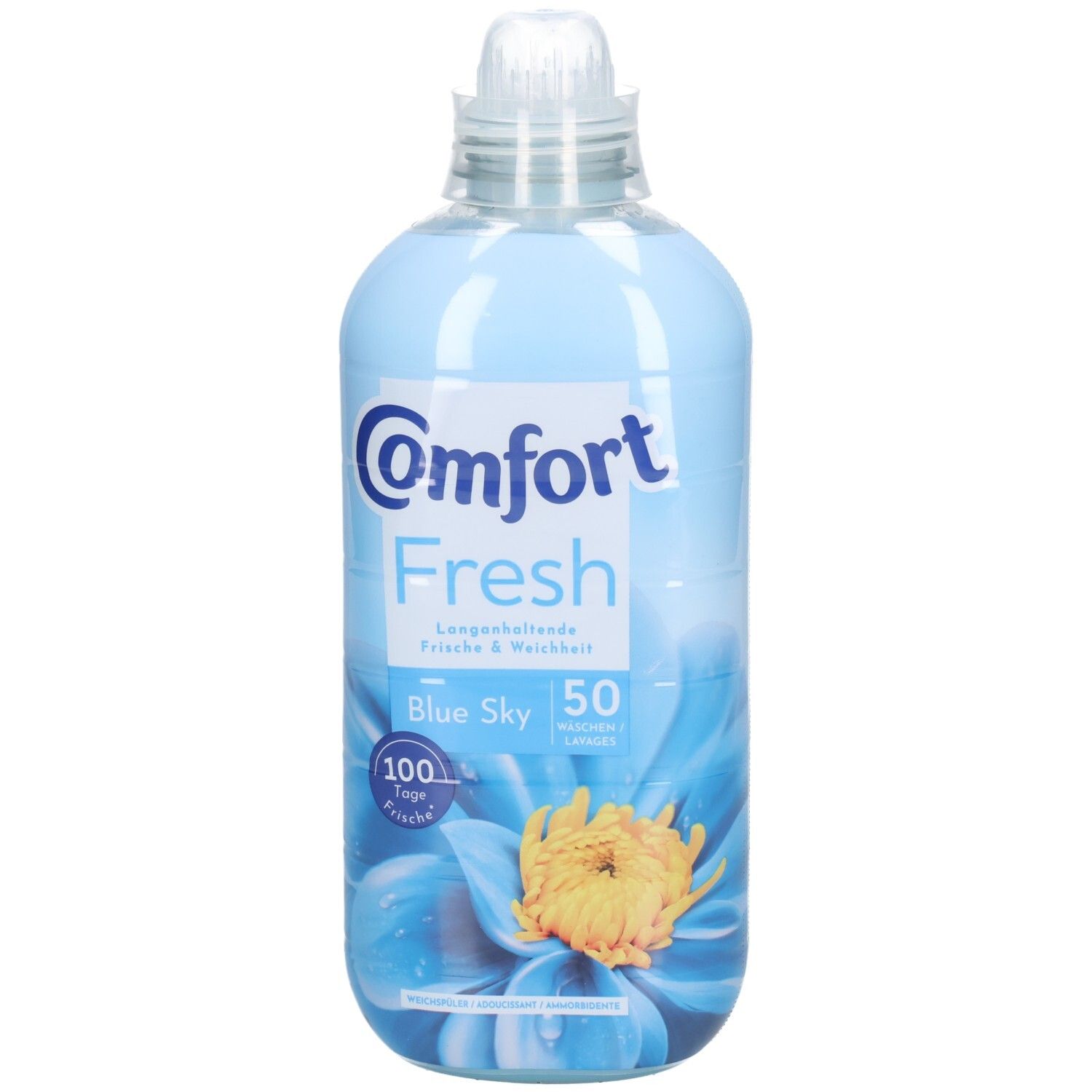 Hellblaue Flasche mit Comfort-Logo und "Fresh". "Blue Sky" und 50 Waschgänge. Abbildung einer Blume.
