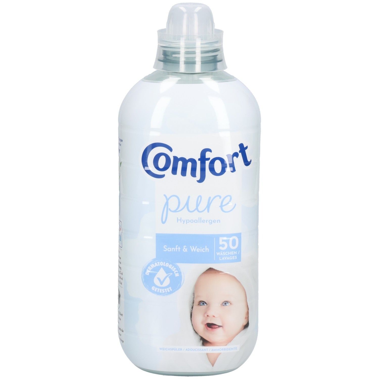 Flasche mit blauem Etikett. Aufschrift Comfort pure, Hypoallergen. Babygesicht. 50 Waschladungen.