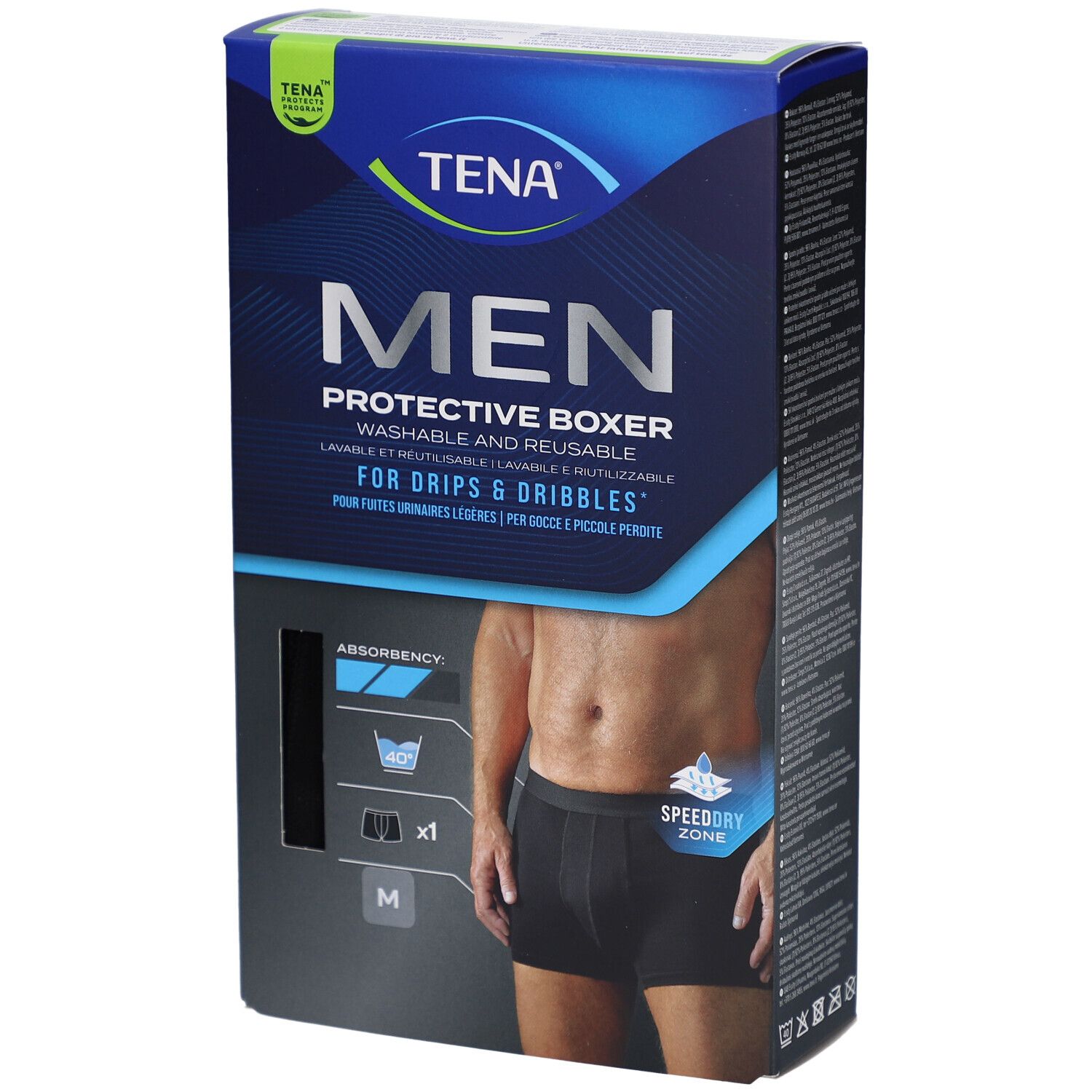 Boîte TENA Men Protective Boxer. Boîte bleue avec image du produit. Inscription : MEN, Protective Boxer, pour gouttes et dribbles.