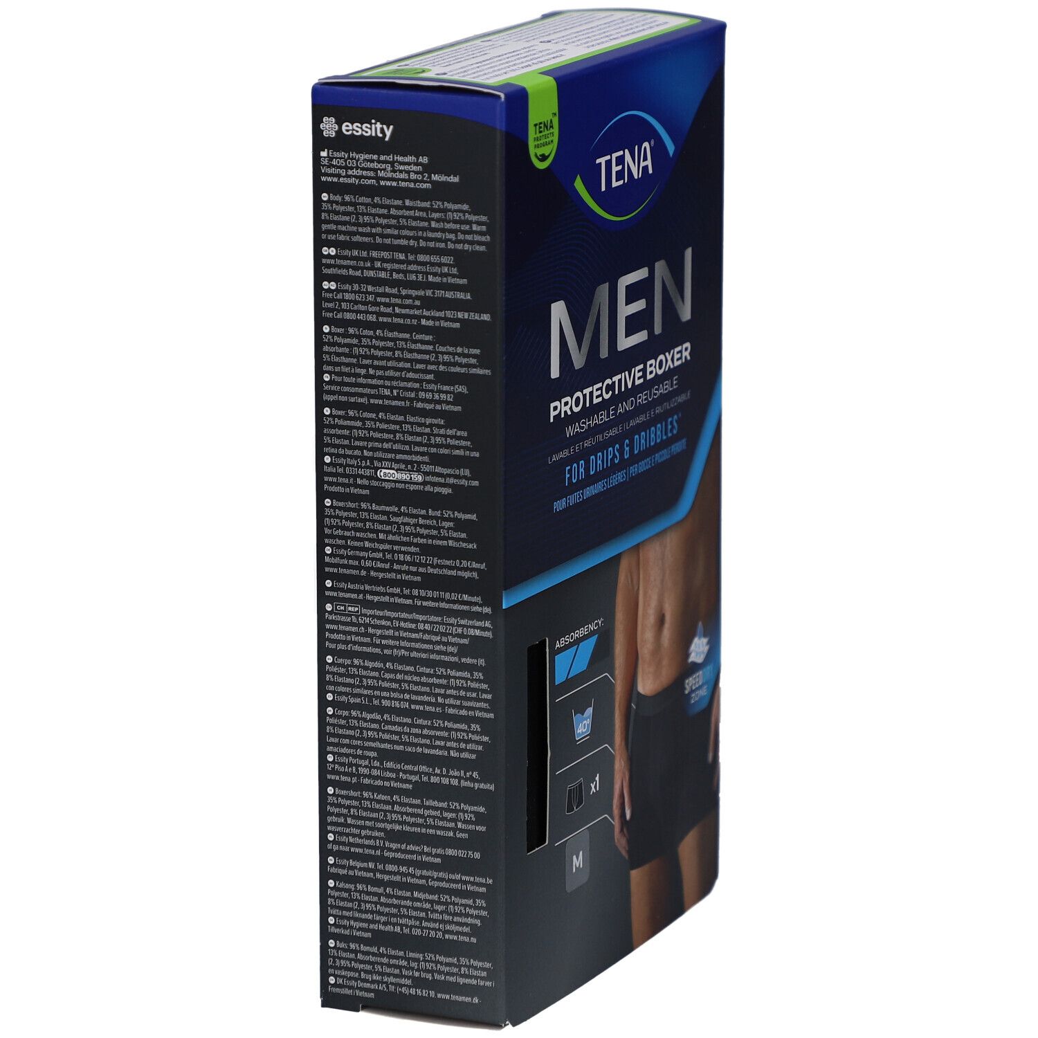 Vue latérale de l'emballage TENA Men Protective Boxer. Texte en plusieurs langues. Logo : TENA. Taille M. Symboles de lavage.