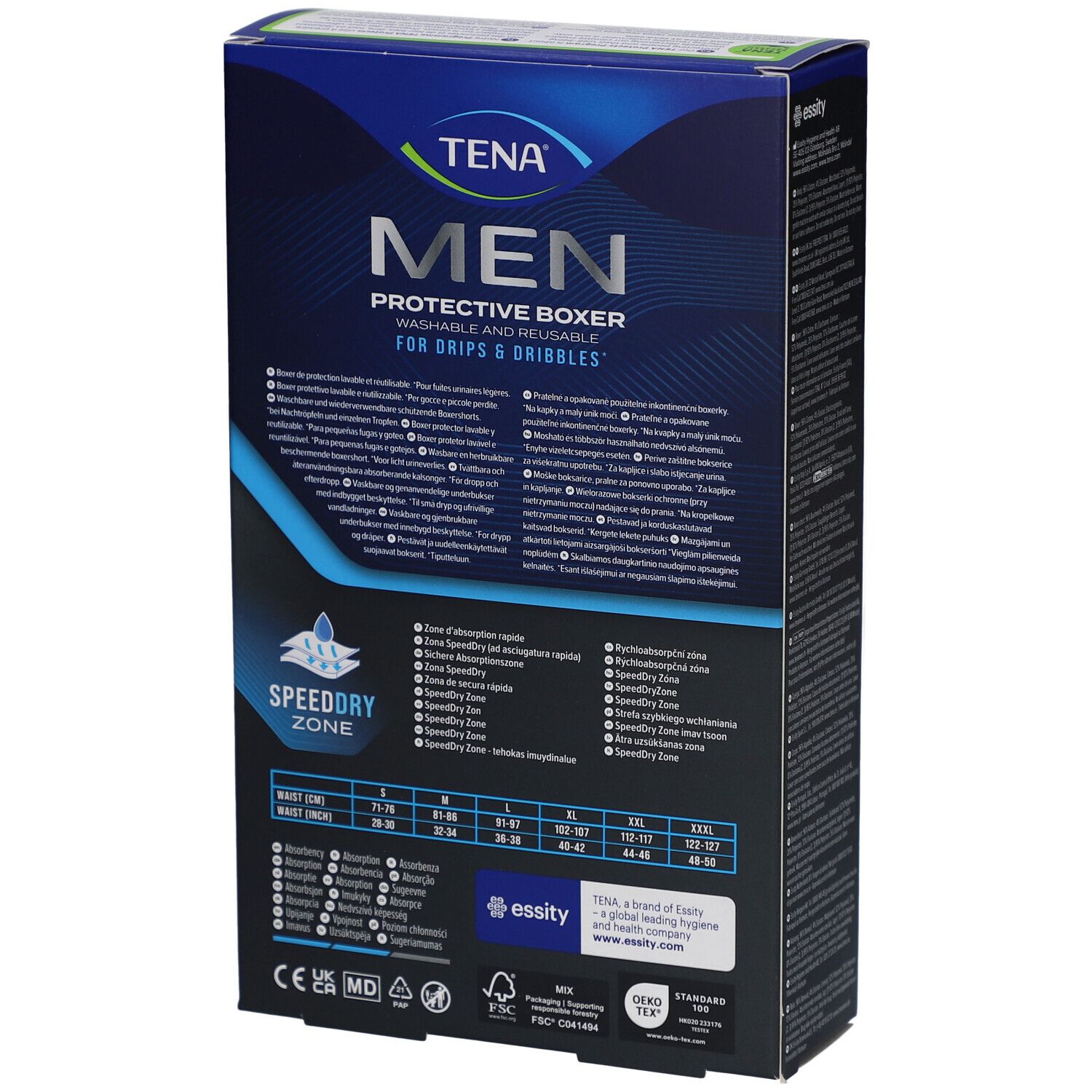 Dos de l'emballage TENA Men Protective Boxer. Texte en plusieurs langues. Informations sur les tailles. Logo : essity.