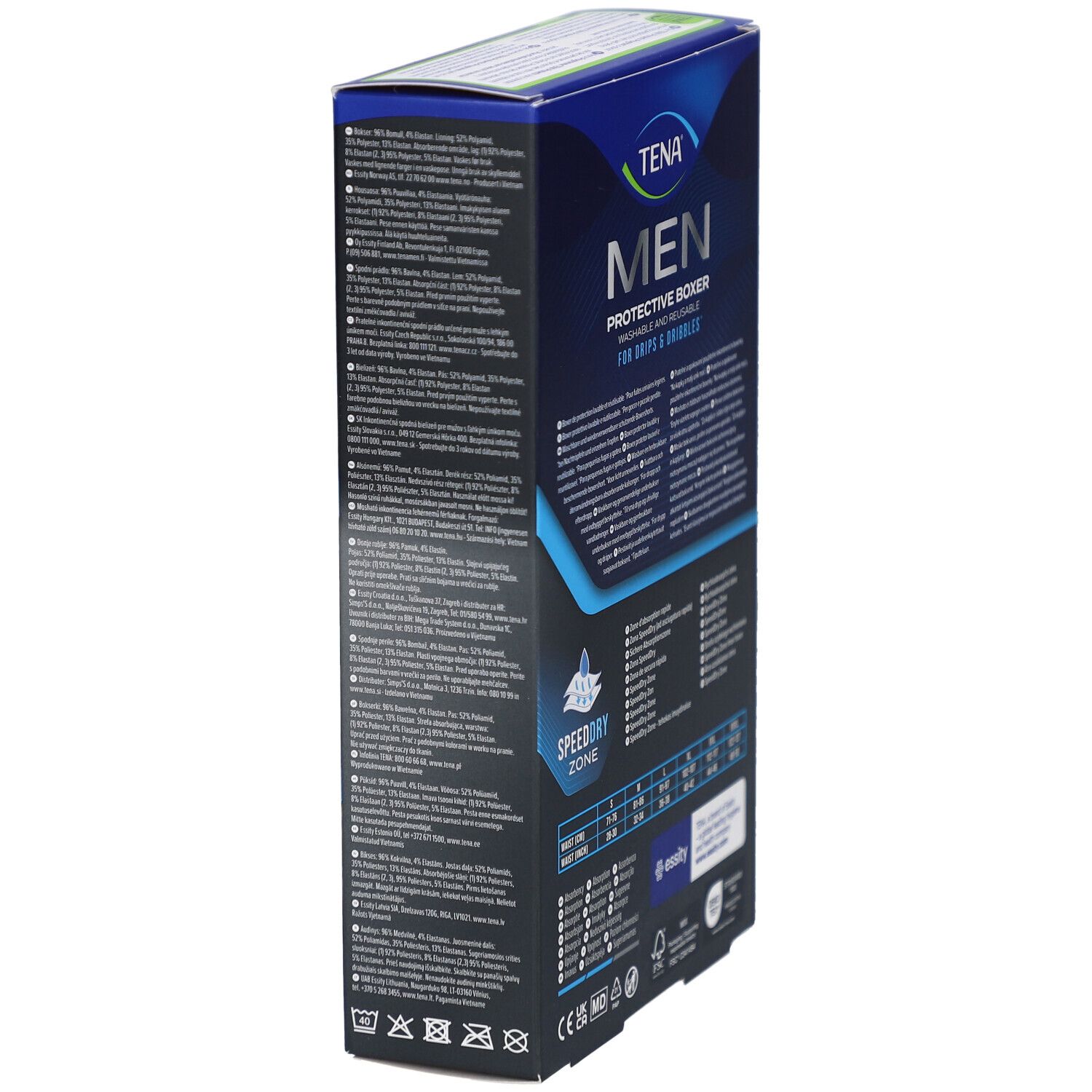 Vue latérale de l'emballage TENA Men Protective Boxer. Texte en plusieurs langues. Logo : TENA. Informations sur les tailles.