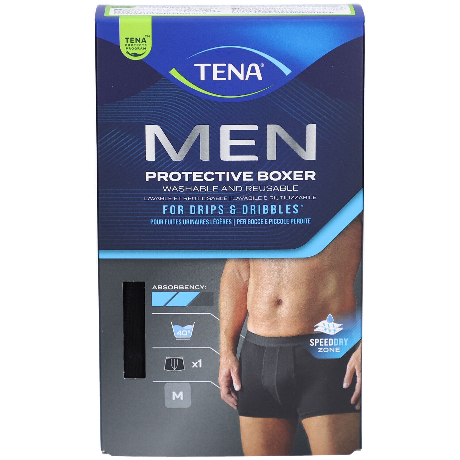 Vue de face de l'emballage TENA Men Protective Boxer. Boîte bleue avec image du produit. Inscription : MEN, Protective Boxer, pour gouttes et dribbles.