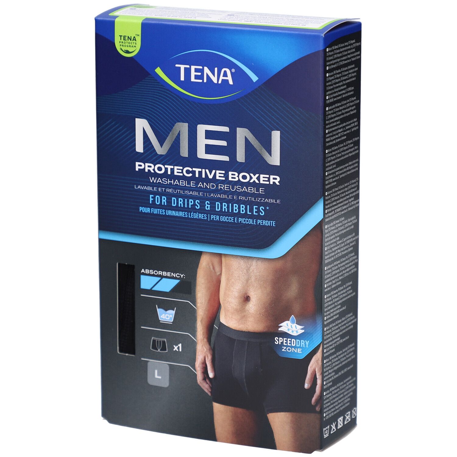 Emballage TENA Men Protective Boxer, noir, taille L. Lavable et réutilisable. Pour fuites urinaires légères. Homme en boxer.