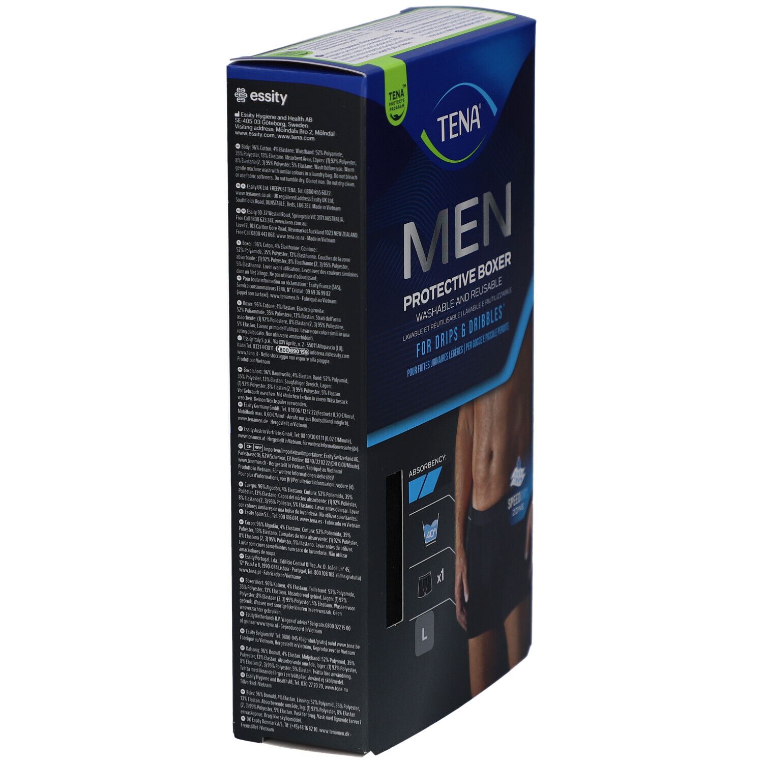 Emballage TENA Men Protective Boxer, noir, taille L. Lavable et réutilisable. Pour fuites urinaires légères. Arrière avec texte.