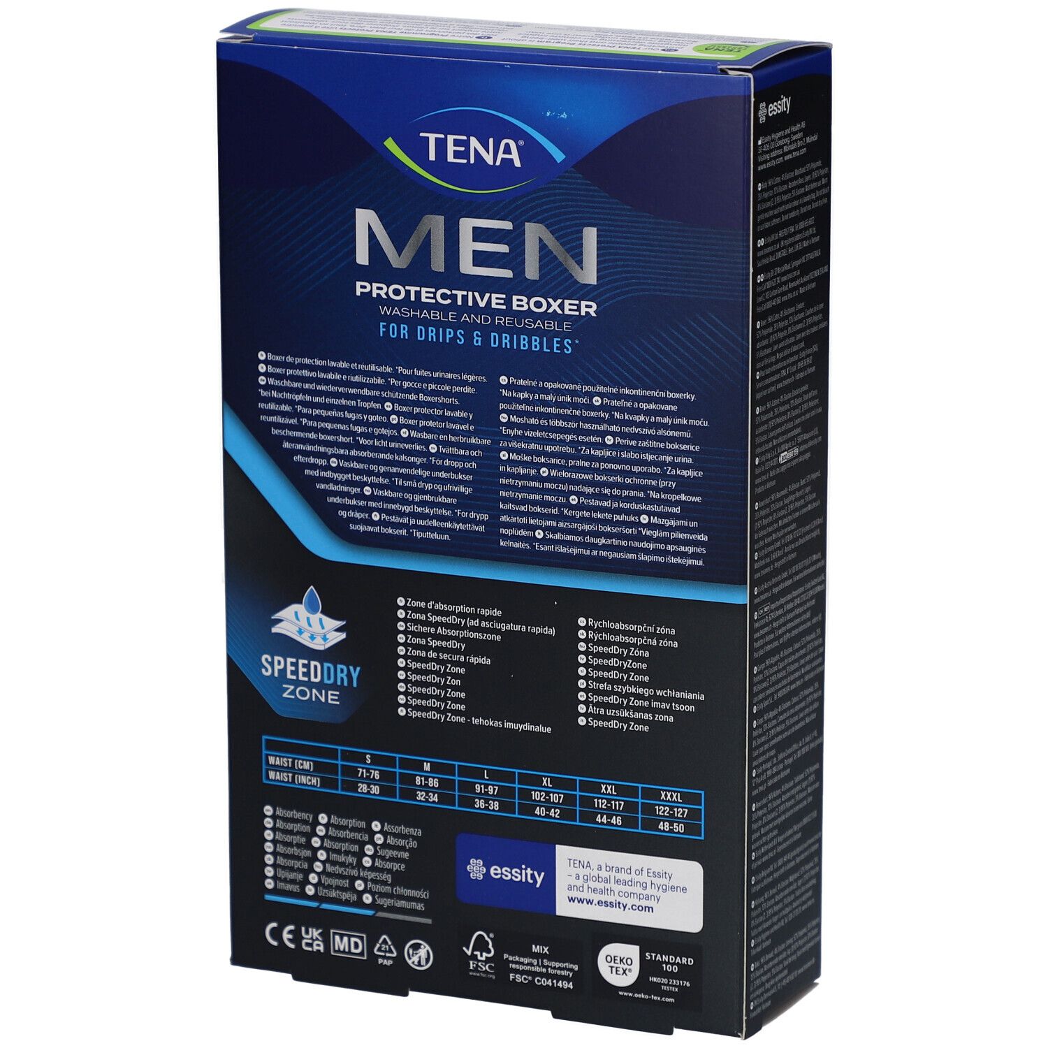 Dos de l'emballage TENA Men Protective Boxer, noir, taille L. Texte avec informations de taille et certifications.