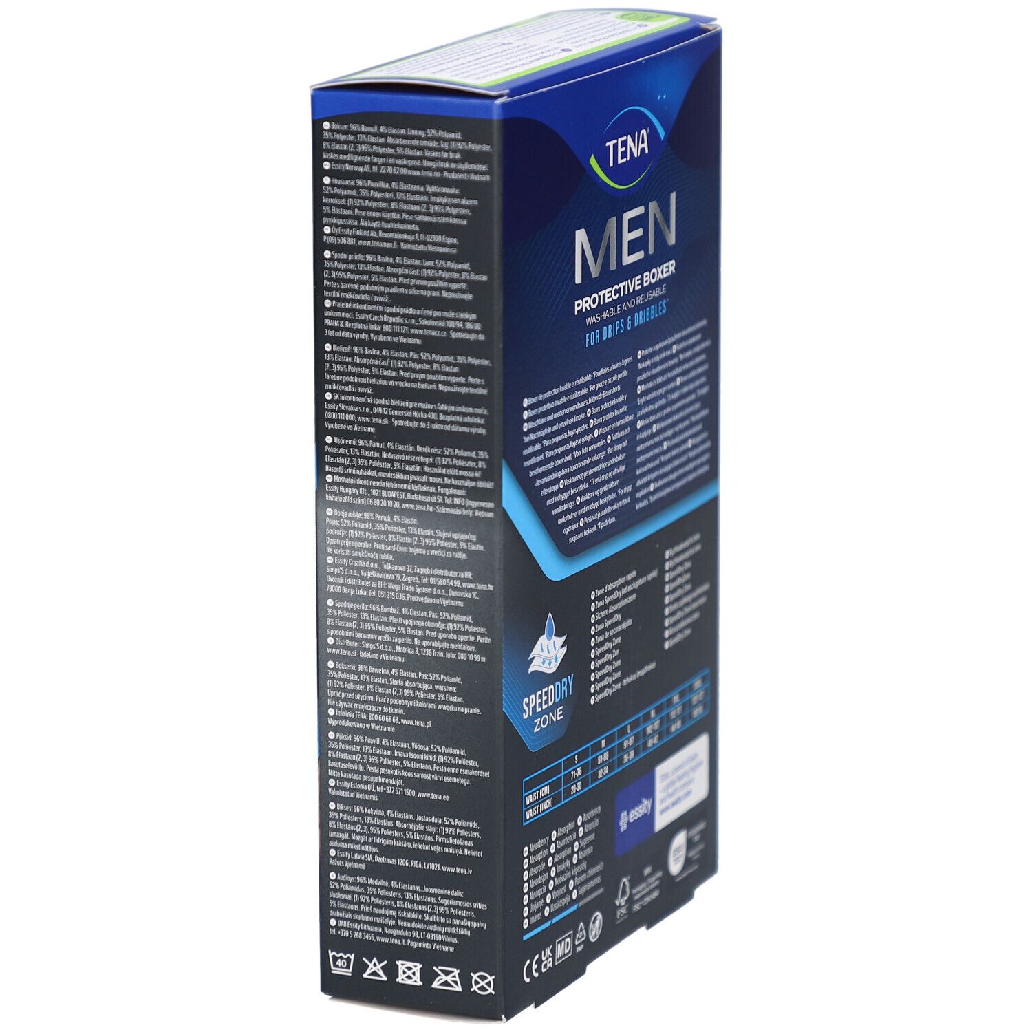 Emballage TENA Men Protective Boxer, noir, taille L. Lavable et réutilisable. Pour fuites urinaires légères. Vue latérale.