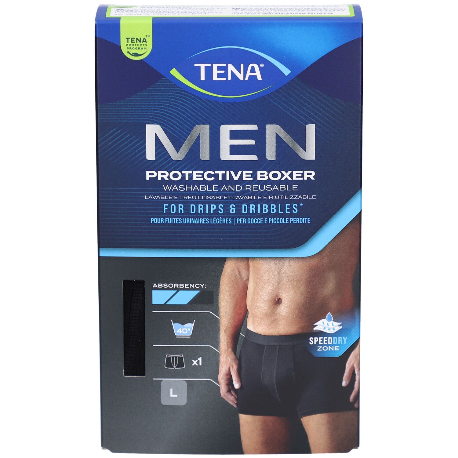 Emballage TENA Men Protective Boxer, noir, taille L. Lavable et réutilisable. Pour fuites urinaires légères. Vue de face.