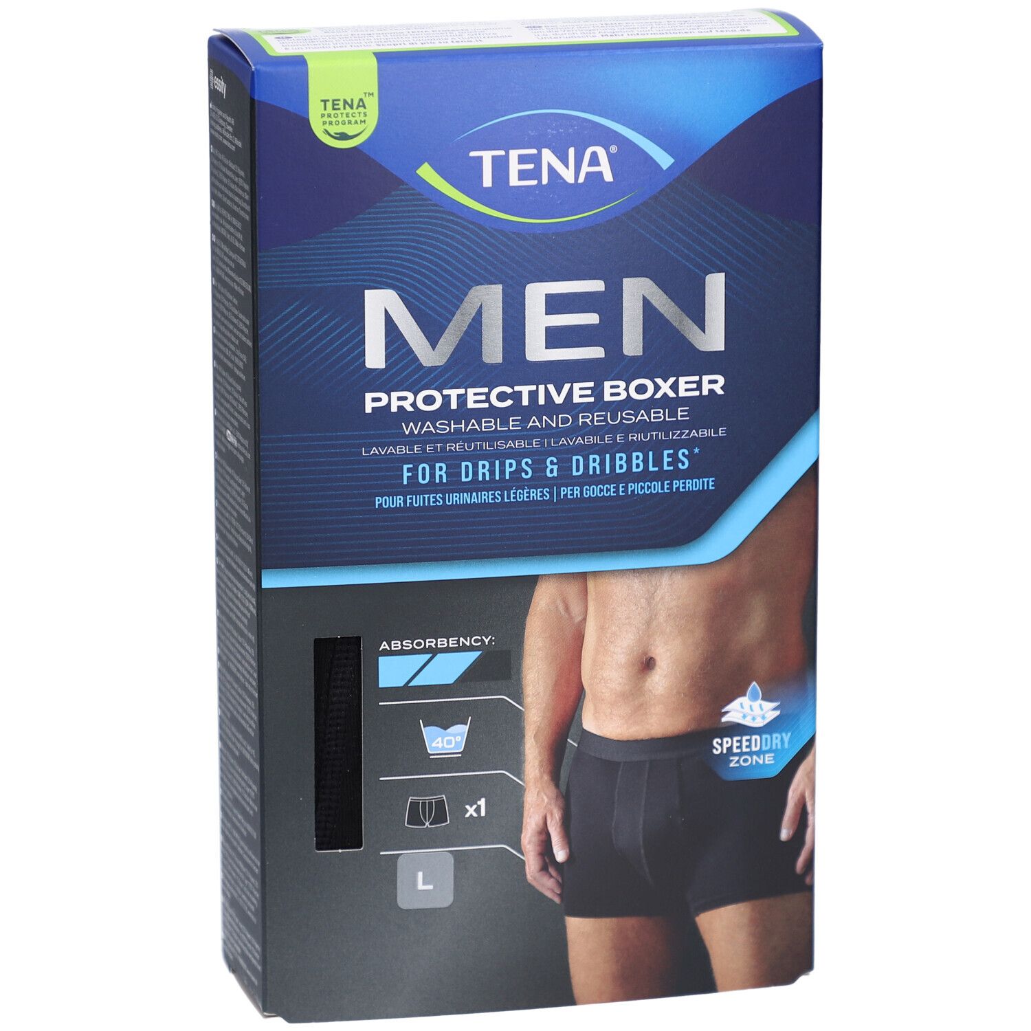 Emballage TENA Men Protective Boxer, noir, taille L. Lavable et réutilisable. Pour fuites urinaires légères. Vue de face.