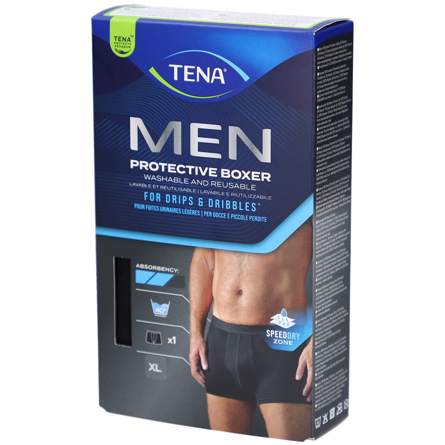 Boîte TENA Men Protective Boxer, lavable, extra large. Boîte noire avec image du produit et indication de taille XL.