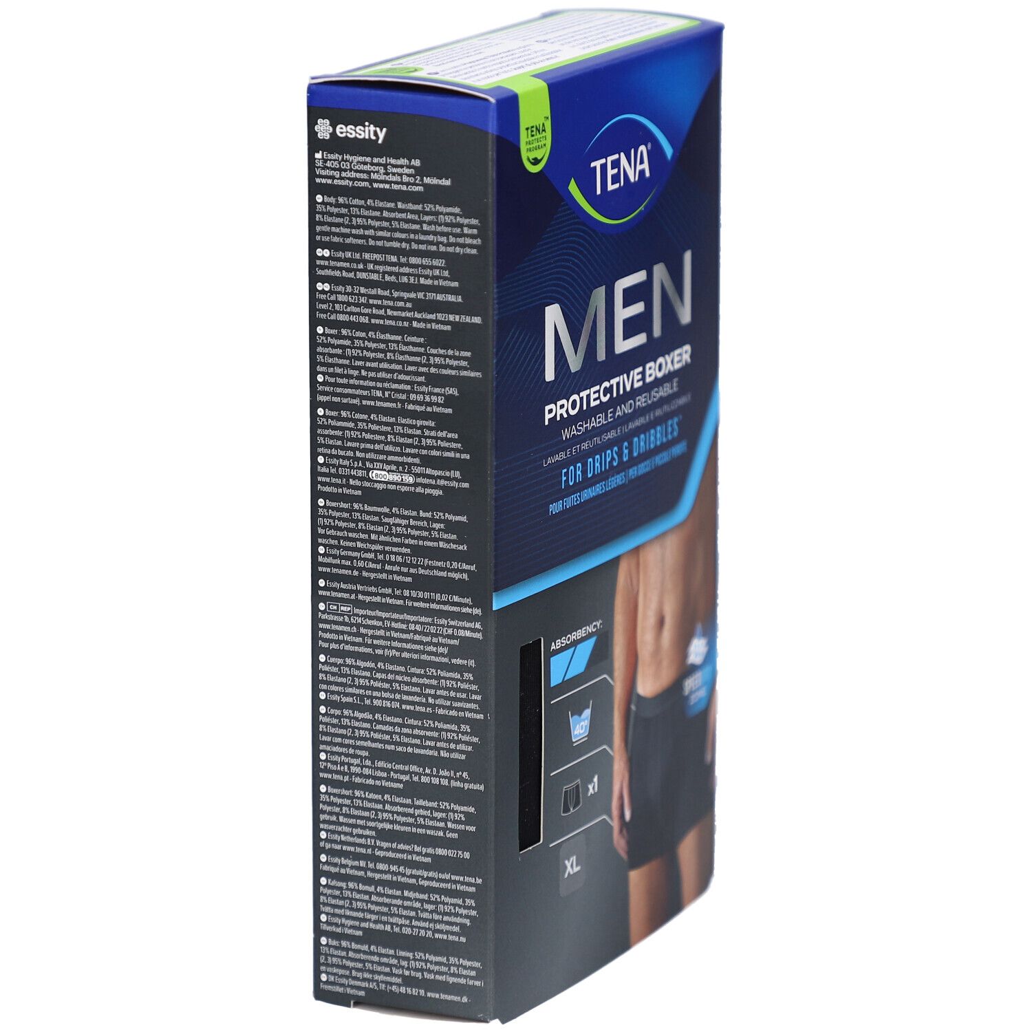 Vue latérale de l'emballage TENA Men Protective Boxer. Texte multilingue, indications de taille et logo.