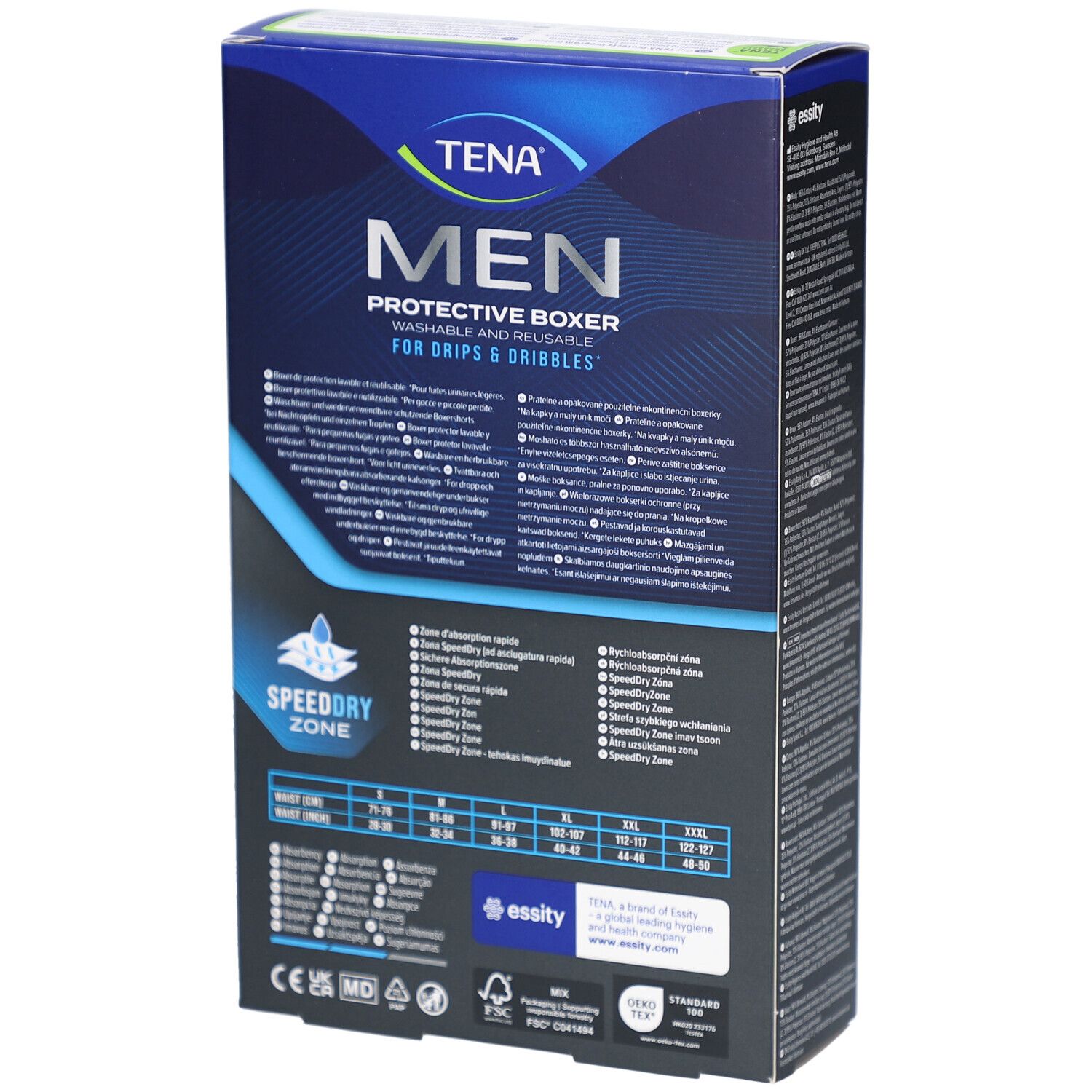 Dos de l'emballage TENA Men Protective Boxer. Texte multilingue, indications de taille et logos.