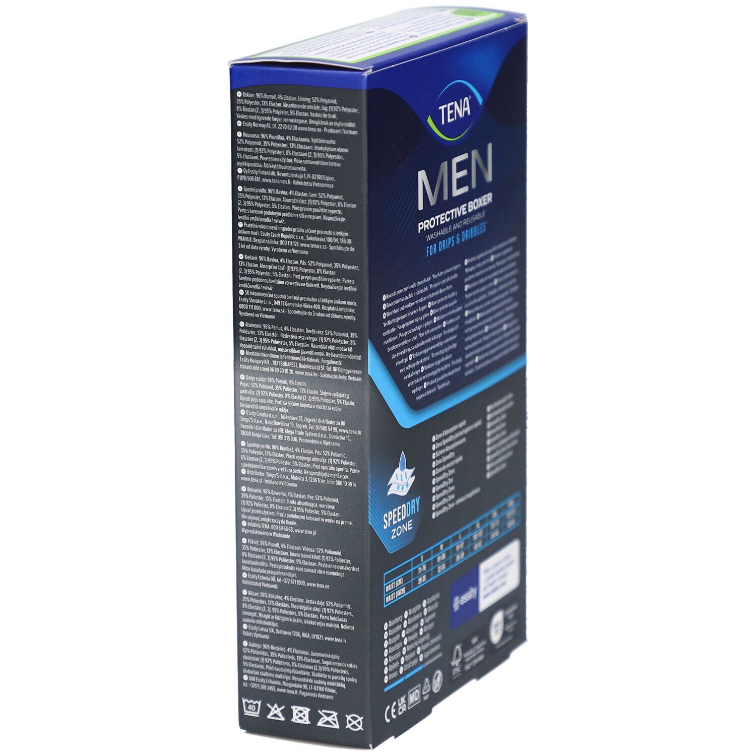 Vue latérale de l'emballage TENA Men Protective Boxer. Texte multilingue, indications de taille et logos.