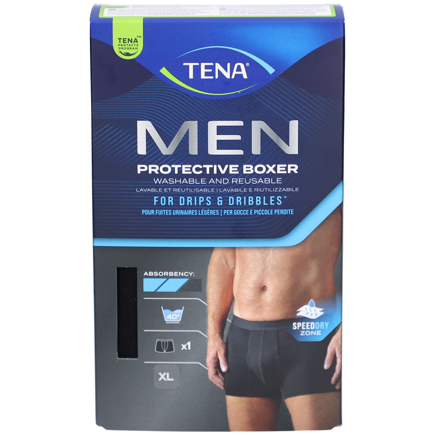 Vue de face de l'emballage TENA Men Protective Boxer. Image du produit, taille XL et instructions de lavage.