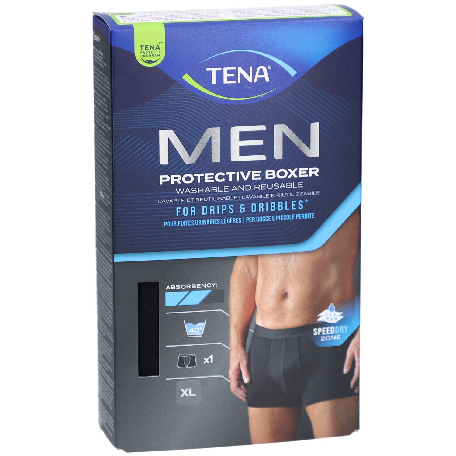 Vue de face de l'emballage TENA Men Protective Boxer. Image du produit, taille XL et instructions de lavage.