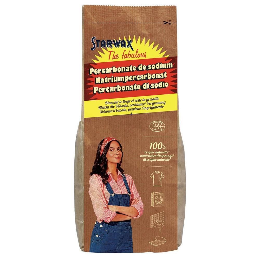 Beutel mit STARWAX Natriumpercarbonat. Aufdrucke: Produktname, Frau, Waschsymbole, Öko-Zertifizierung. Braune Papierverpackung.