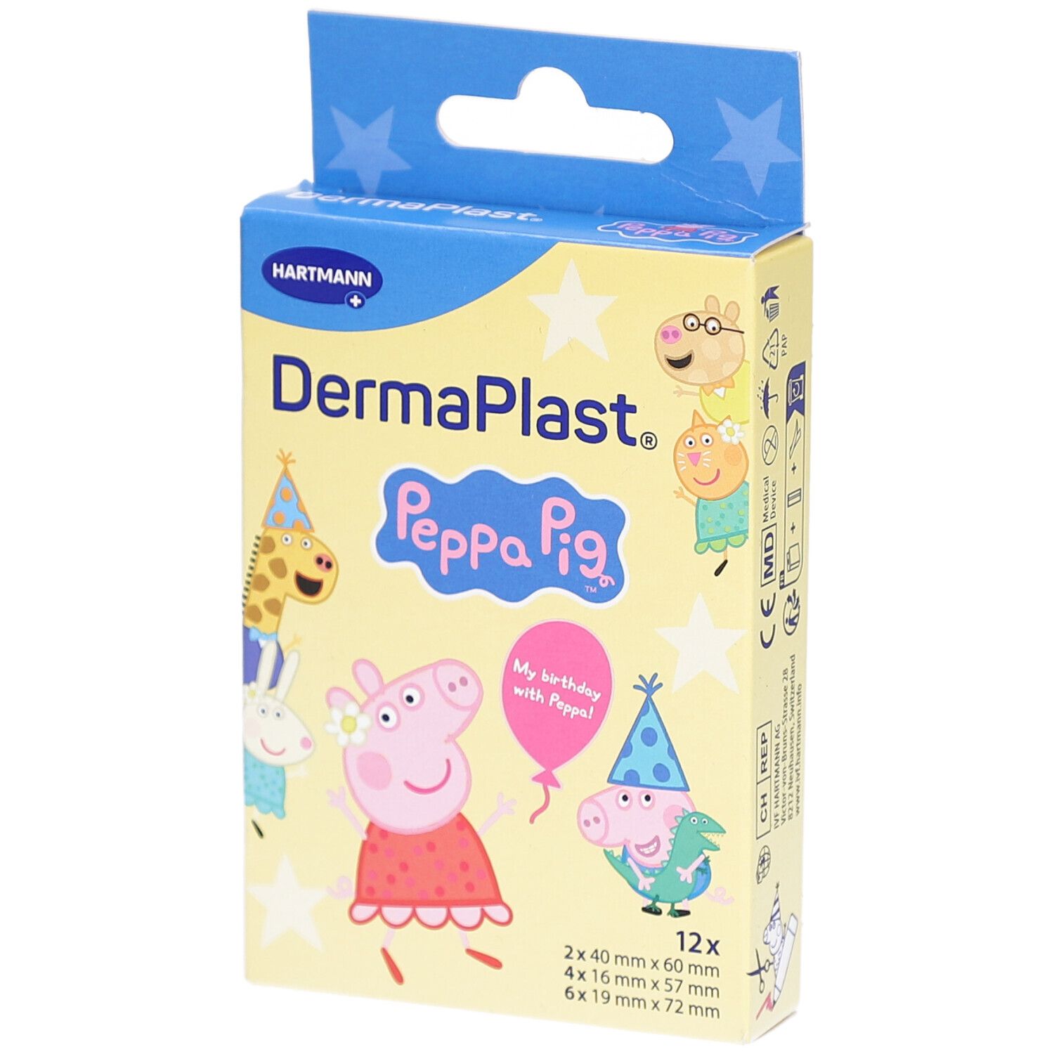 Verpackung DermaPlast Peppa Pig Pflaster. Enthält 12 Pflaster. Mit Peppa Pig-Motiven und Größenangaben.