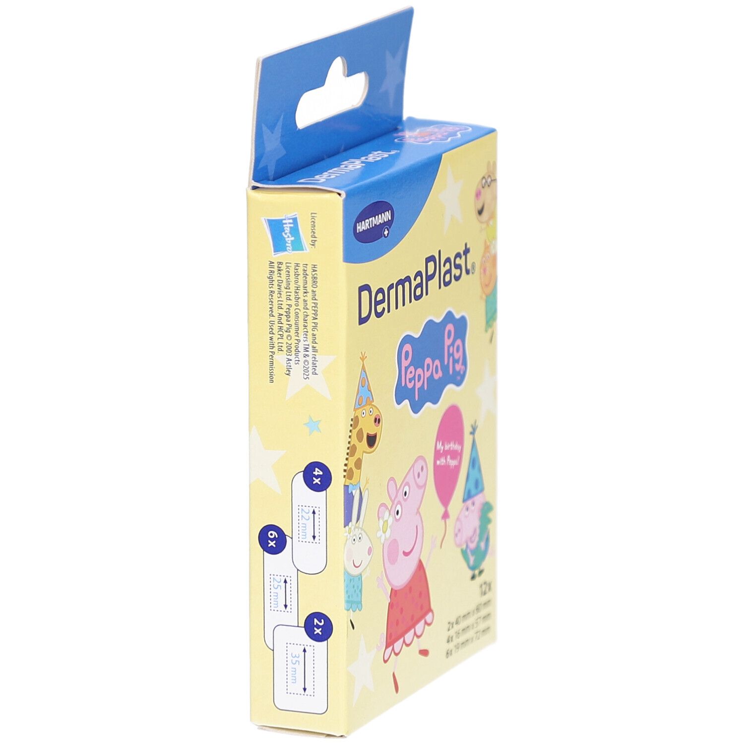 Seitenansicht der DermaPlast Peppa Pig Pflasterverpackung. Größenangaben und Peppa Pig-Motive sichtbar.